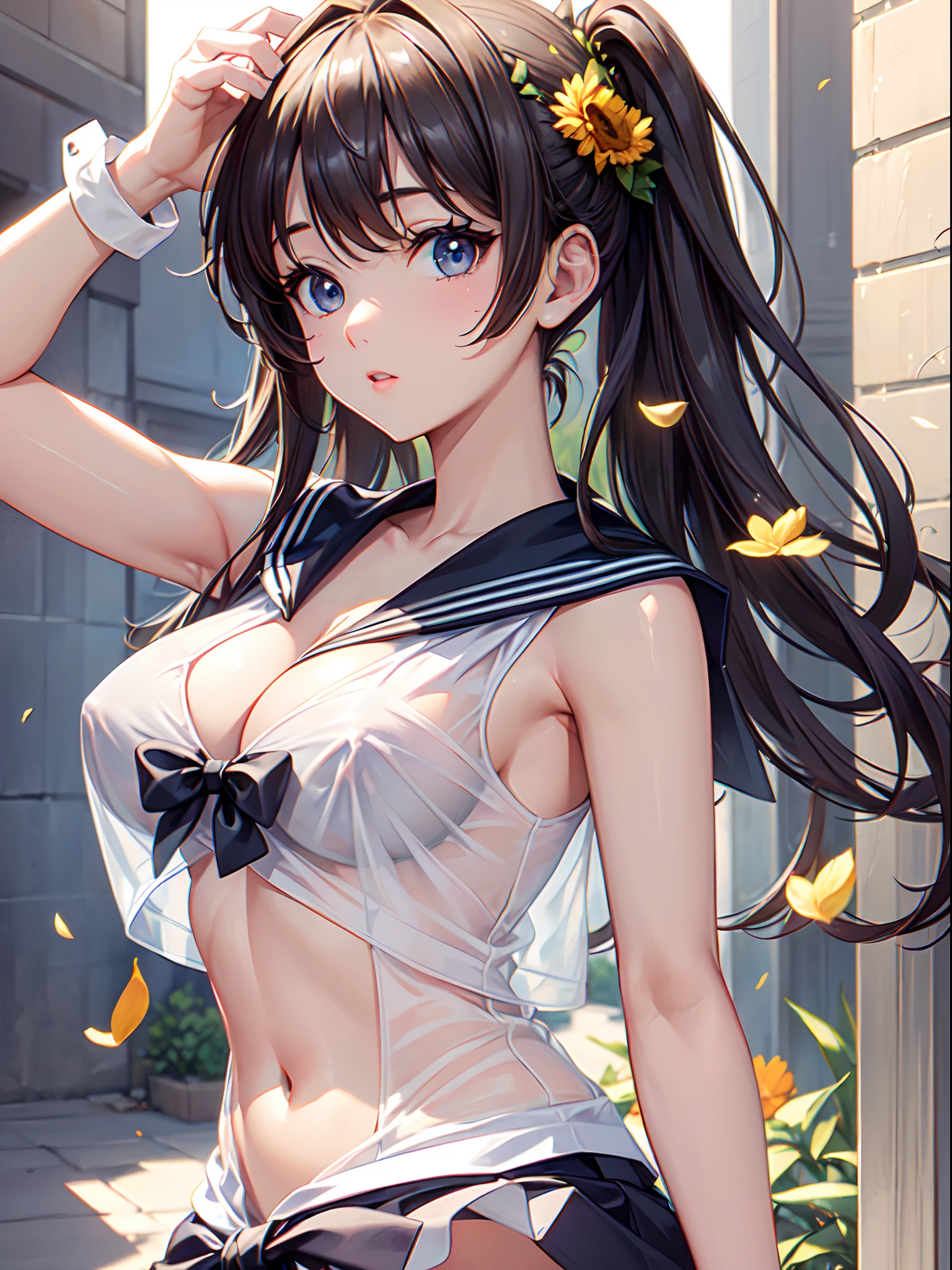 Close up of upper body, beautiful face, cute face, (((toppless))), (((sheer sailor shirt , Sleeveless ))), (((Show off cleavage))), (((Large breasts))), (((Open front))), Detailed beautiful eyes, (((Sunny))), extremely detailed CG unified 8k wallpaper, very fine 8KCG wallpaper, (masterpiece, Best Quality), High resolution, Ultra-detailed, ultra-sharp, 1 girl, Naked, perfecteyes eyes