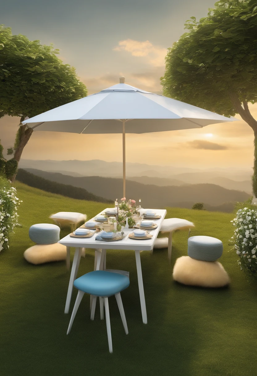 E-commerce scenarios，White table，Scene graph，with blue sky and white clouds，grassy fields，3D modeling rendering，E-commerce