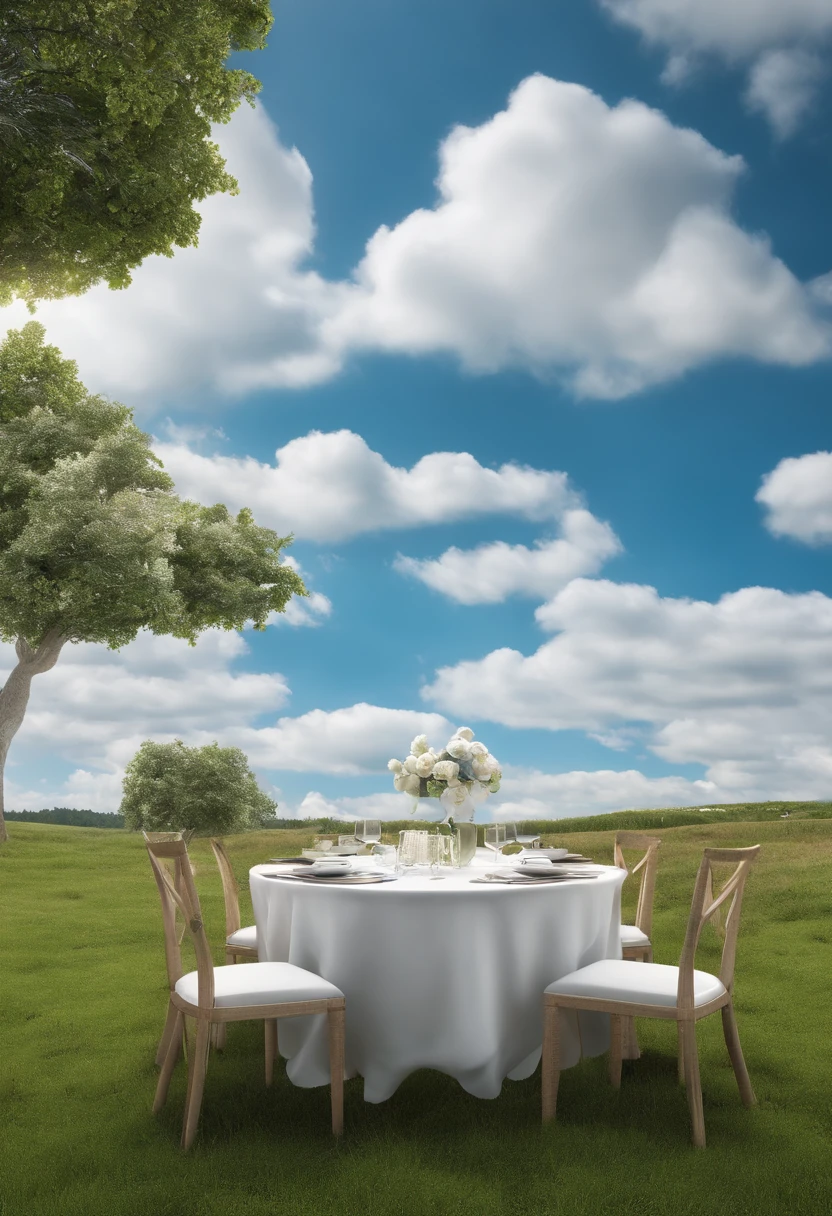 E-commerce scenarios，White table，Scene graph，with blue sky and white clouds，grassy fields，3D modeling rendering，E-commerce