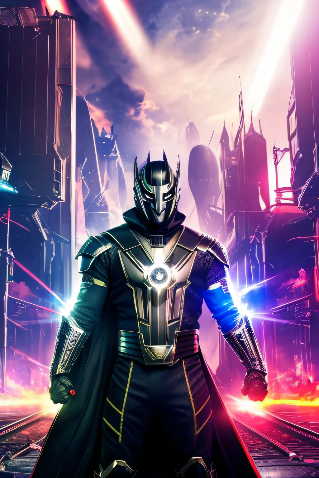 (best quality,highres),1male,Villian,Superhero,(((evil smile mask:1.1))),white leather outfit,metal plating,((finger guns shooting beam of light:1.2)),giant toy train,vivid colors, dramatic lighting,concept art, background city on fire, People fighting in the sky, full body,