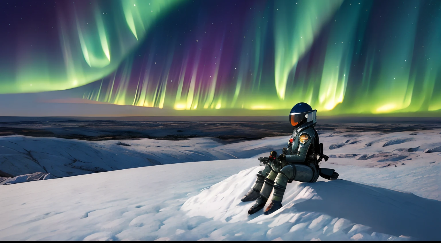 Create a scene depicting a desolate post-apocalyptic world, with impressive ruins, mutant plants and a horizon lit by an alien aurora, that captures the essence of Michael Whelan's iconic fantasy landscapes, female astronaut sitting on snow field ,giga_busty