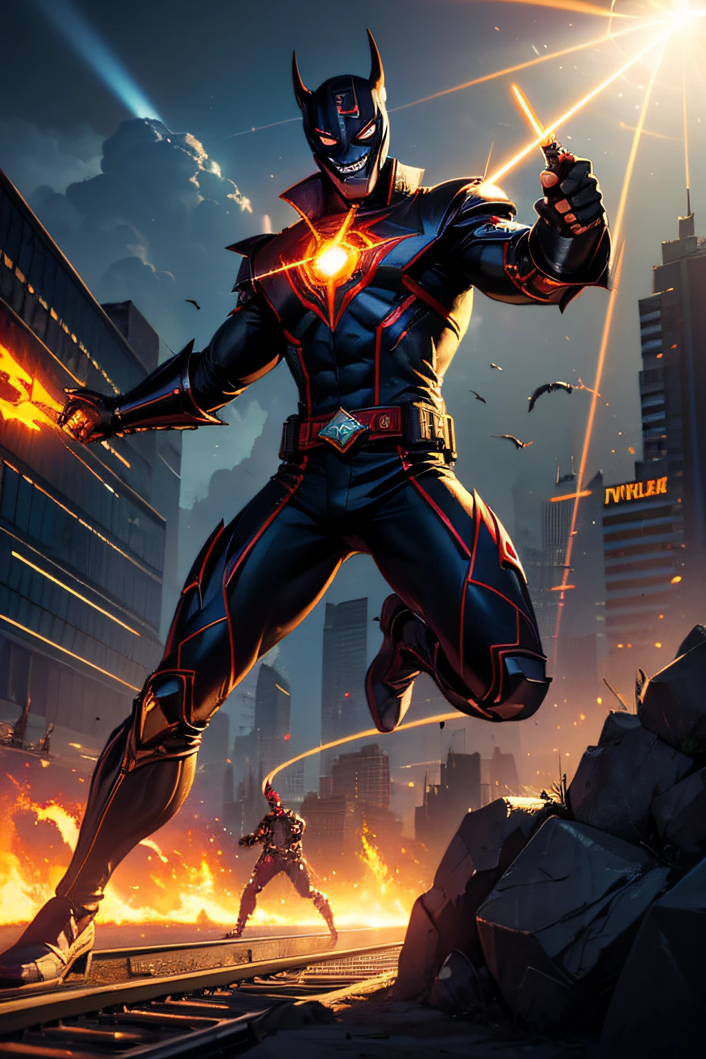 (best quality,highres),1male,Villian,Superhero,(((evil smile mask:1.1))),white leather outfit,metal plating,((finger guns shooting beam of light:1.2)),giant toy train,vivid colors, dramatic lighting,concept art, background city on fire, People fighting in the sky, full body,