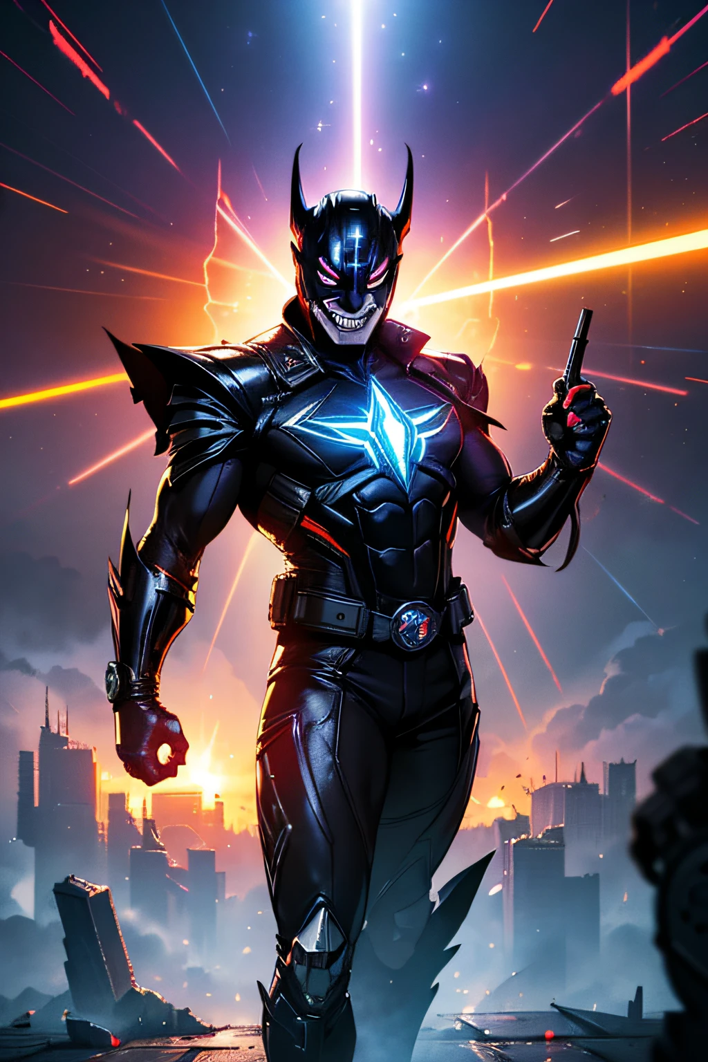 (best quality,highres),1male,Villian,Superhero,(((evil smile mask:1.1))),white leather outfit,metal plating,((finger guns shooting beam of light:1.2)),giant toy train,vivid colors, dramatic lighting,concept art, background city on fire, People fighting in the sky, full body,