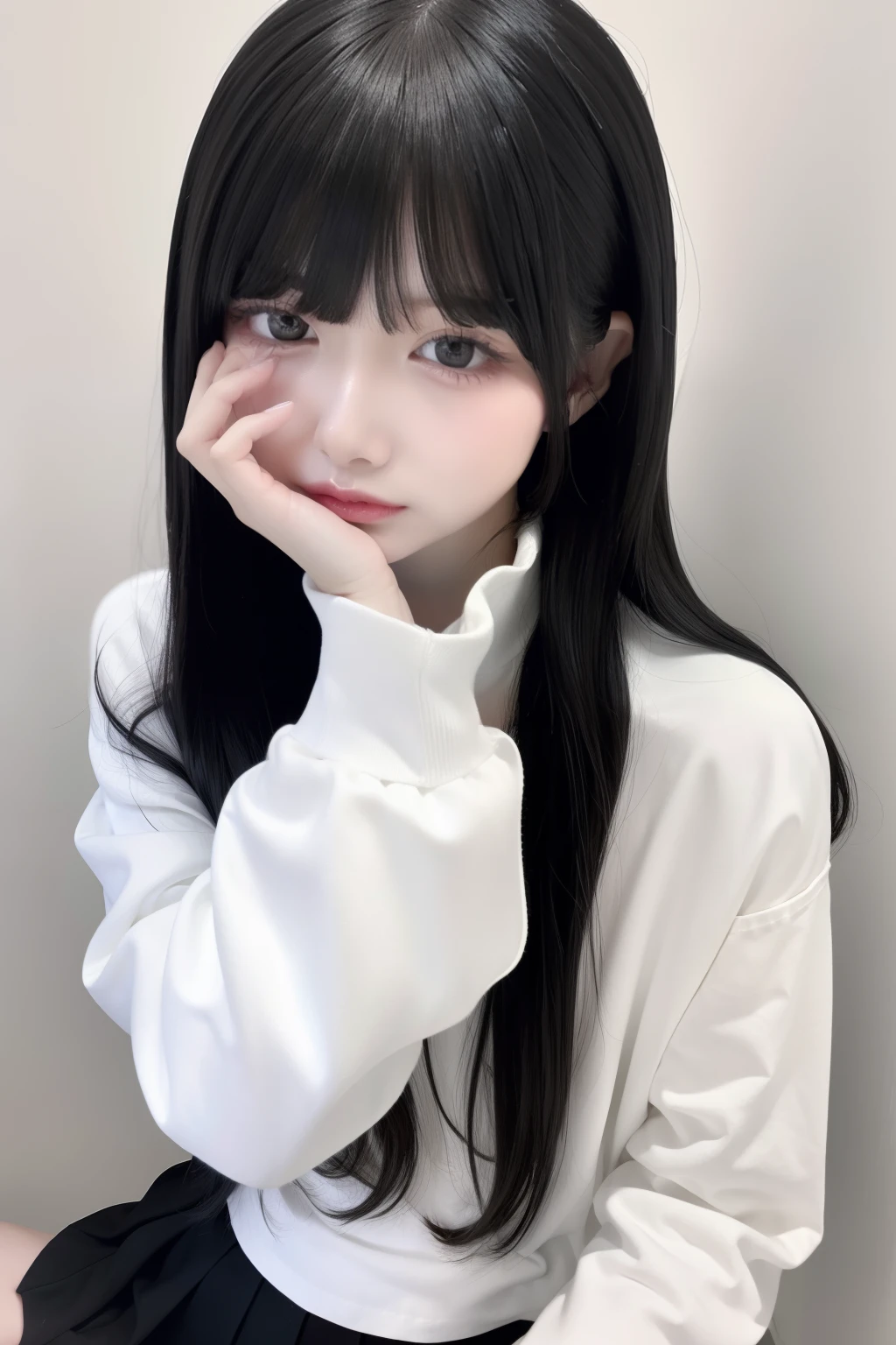 top-quality、8K、32K、​masterpiece、nffsw:1.2)、1girl in、One girl with long hair、Two beautiful Japan women、A dark-haired、Heavy bangs、long sleeved shirt、White high neck shirt &Black mini pleated skirt、White wall background、Focus on the face