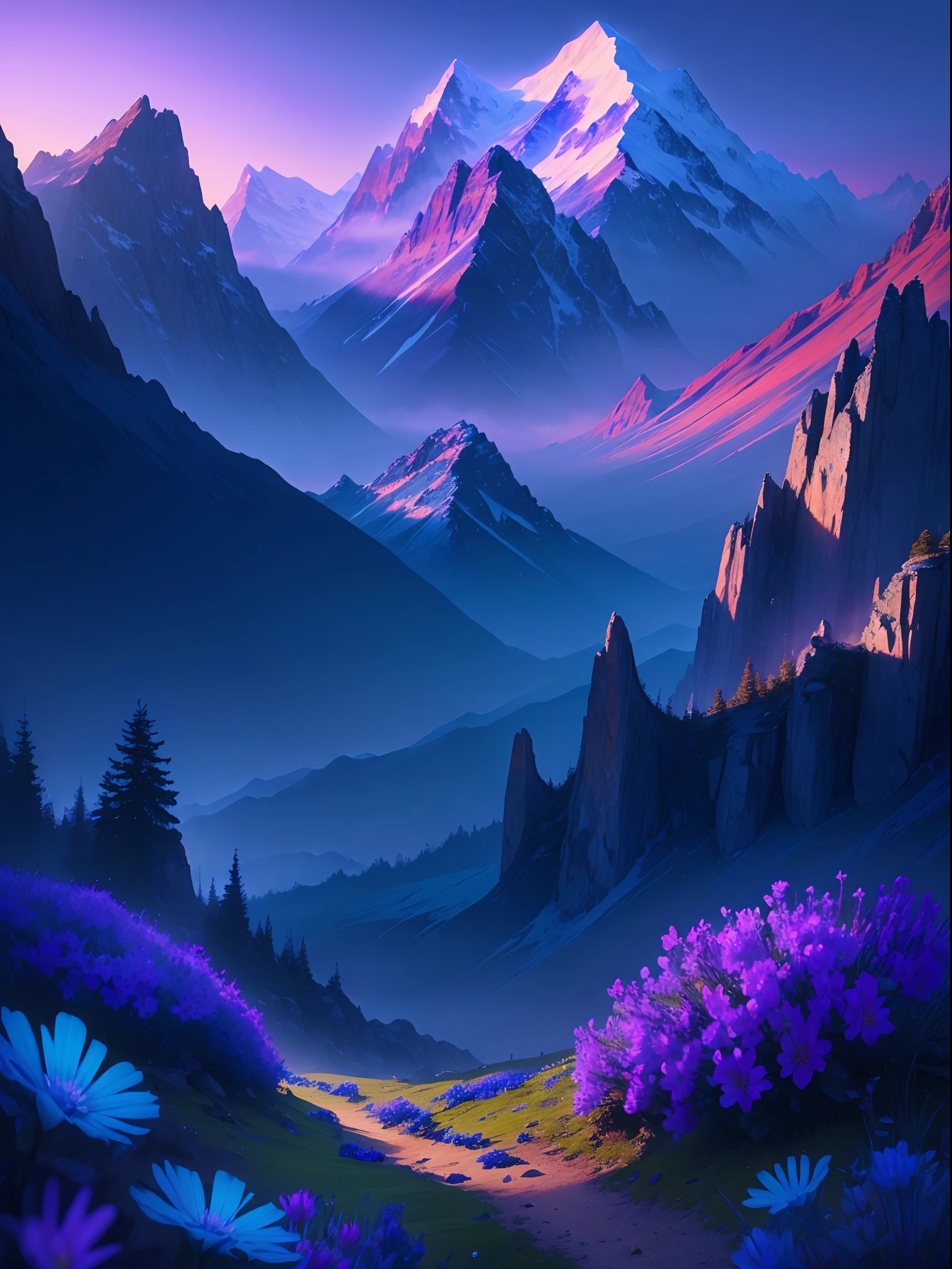 (Masterpiece), (beste-Qualit), (Mountain in the background), mist,  (Blue & Turquoise), (Flower glade, purple flowers)