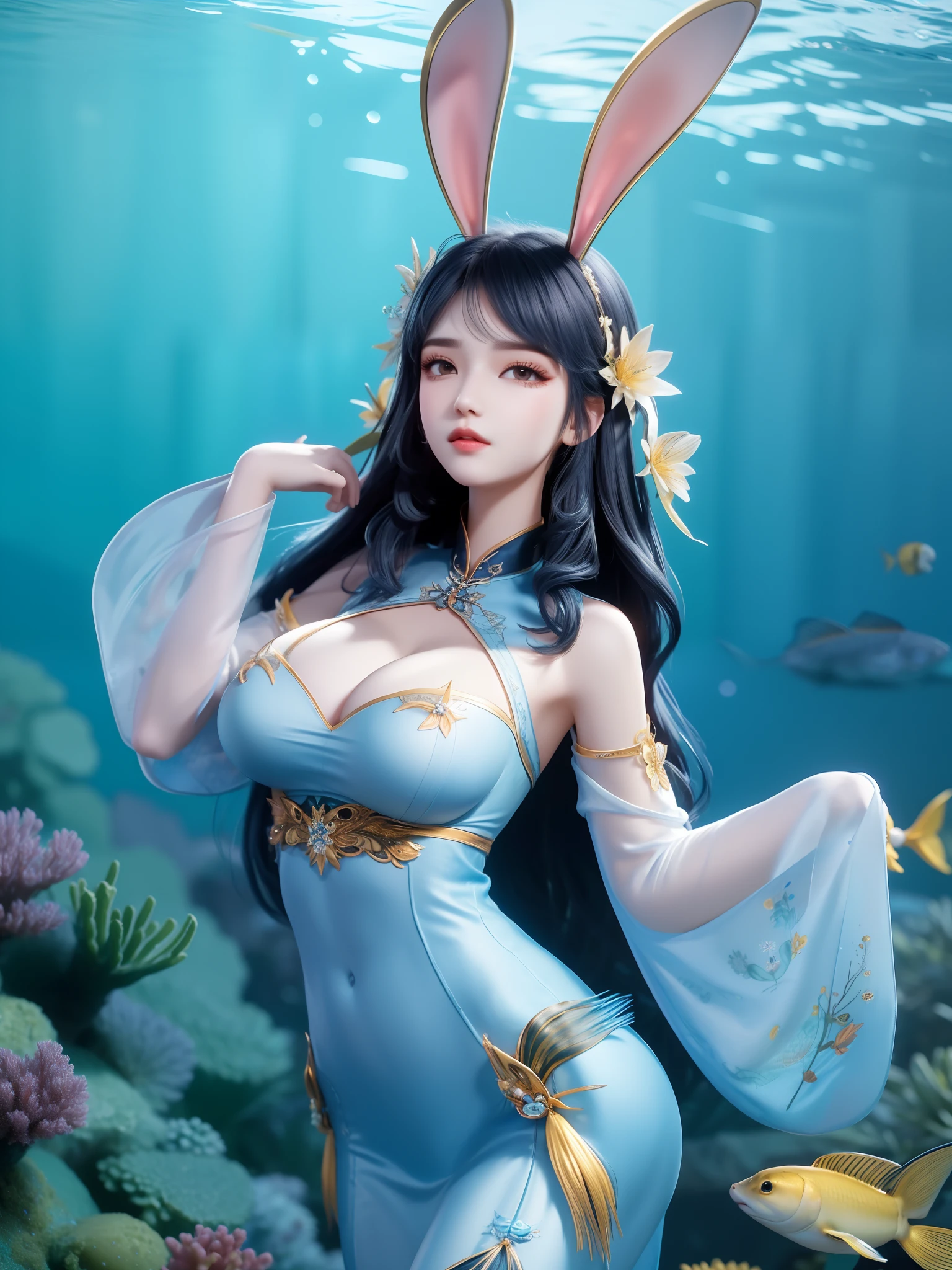 coreana de 25 anos,1个Giant Breast Girl,meninapo, Mergulho, s o rosto perfeito, Olhos eBlue, renda, mergulhar,deep underwater,Shuixia,quebrar,tons de azul,(((cercado de peixes))) full body, black hair,rabbit ears