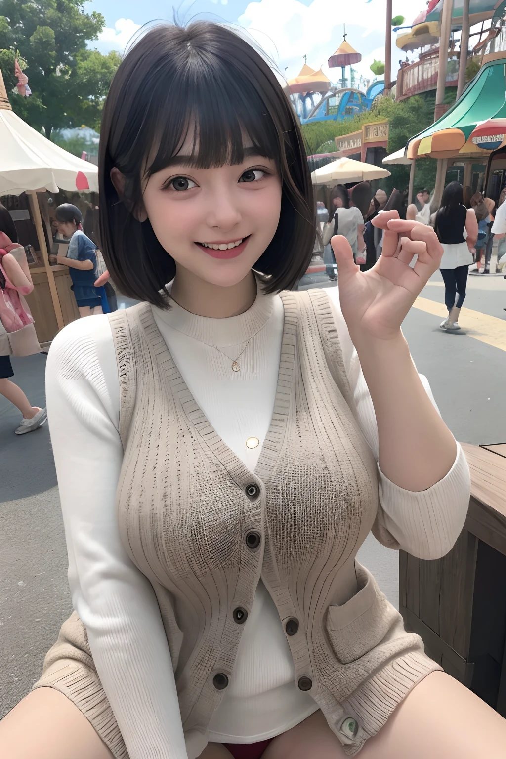 Photo Real、photoRealstic、girl1 A dark-haired、short-hair、Blunt bangs with round face、drooing eyes、a Laughing expression、Facial expressions to enjoy、Have fun Oversized knit vest Soft thighs、large full breasts、fullnude Background with、An amusement park