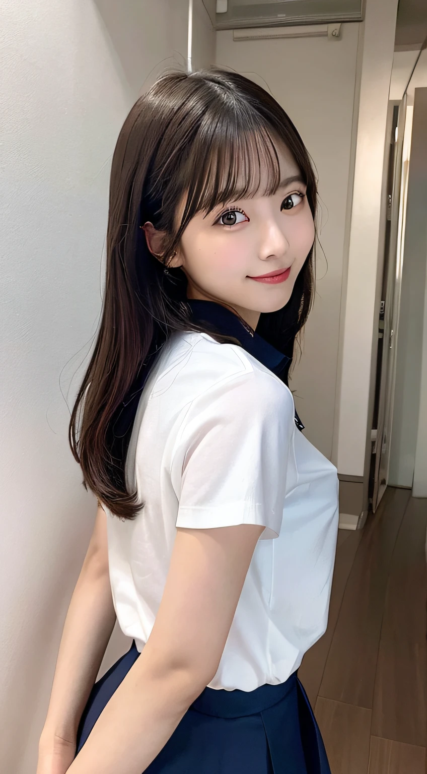 (highest quality, 8k, masterpiece ), An innocent 12-year-old junior high school girl
, Black Hair、Chest that looks like the shirt is about to tear、bangs:0.6,グラマーなThighs、Very tight see-through uniform:1.4、mini skirt, Highly detailed face, double eyelid, Strong natural light、round face:1.2、whole body、Thighs、loafers、round face、Horizontal angle,Side Angle:1.2