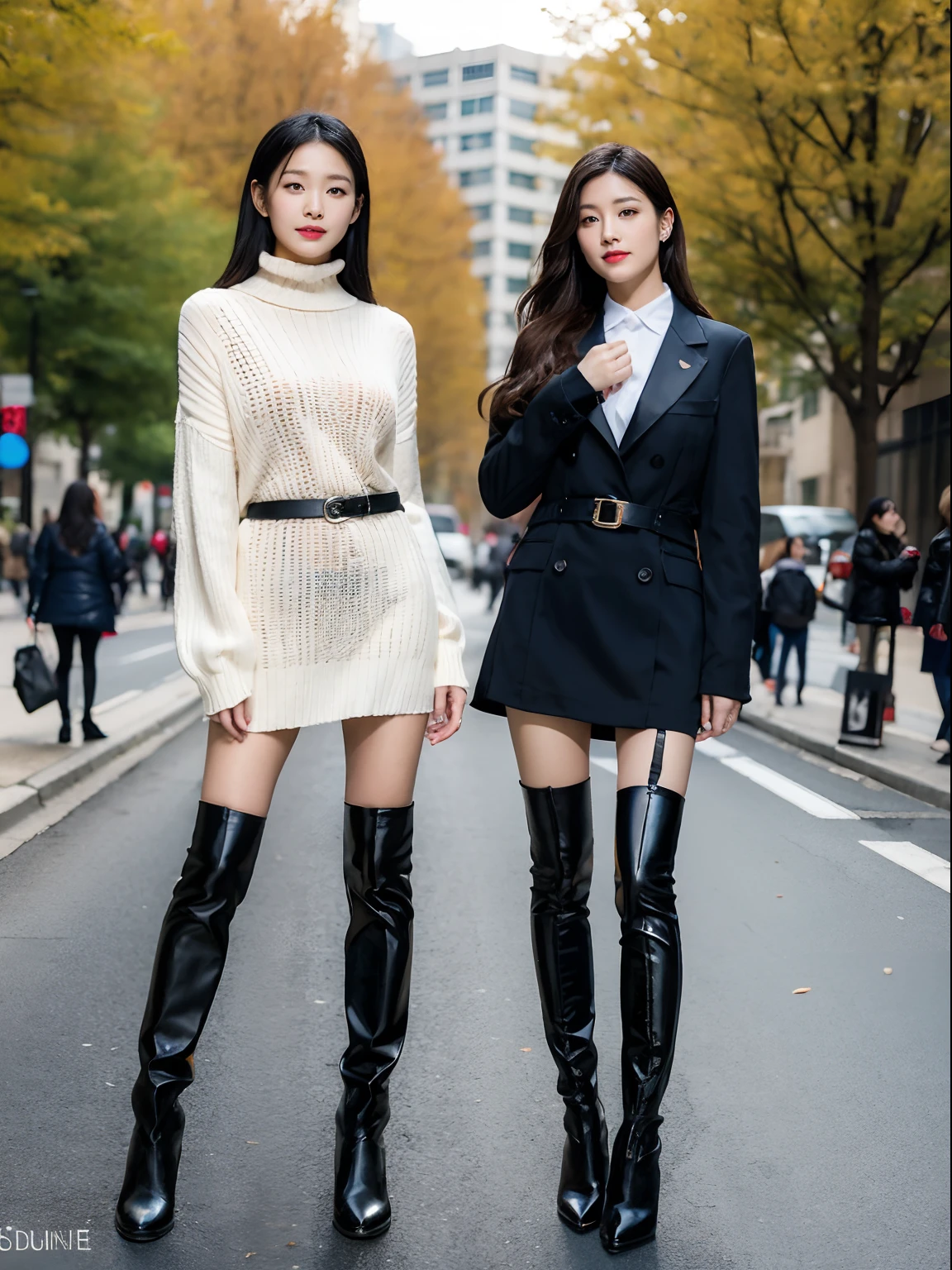(RAW photo:1.2), (Photorealistic:1.4),Beautiful detailed woman,very detailed eyes and faces, A detailed eye, ultra - detailed, A high resolution, The is very detailed,best qualtiy,illustratio,unified,8k 壁纸,tmasterpiece,best qualtiy,A group of girls stood side by side,full bodyesbian,multipel Girls,Boots,thigh high,thigh boots,high-heels,brown hair,2girls,high heels boots,shift dresses,thongs,jewely,无袖,Black shoes,long whitr hair,looking at viewert,a garter belt,gyuru,Black leather belt,exteriors,Sweaters,short skirt,a skirt,white dresses,buliding
