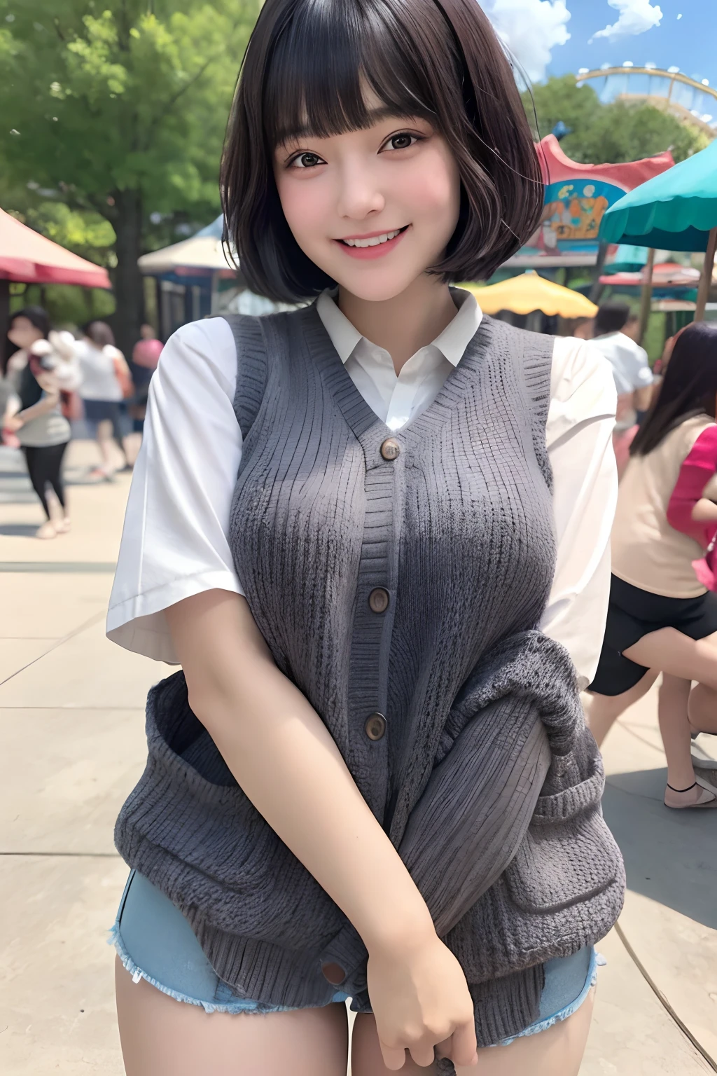 Photo Real、photoRealstic、girl1 A dark-haired、short-hair、Blunt bangs with round face、drooing eyes、a Laughing expression、Facial expressions to enjoy、Have fun Oversized knit vest Soft thighs、large full breasts Background with、An amusement park
