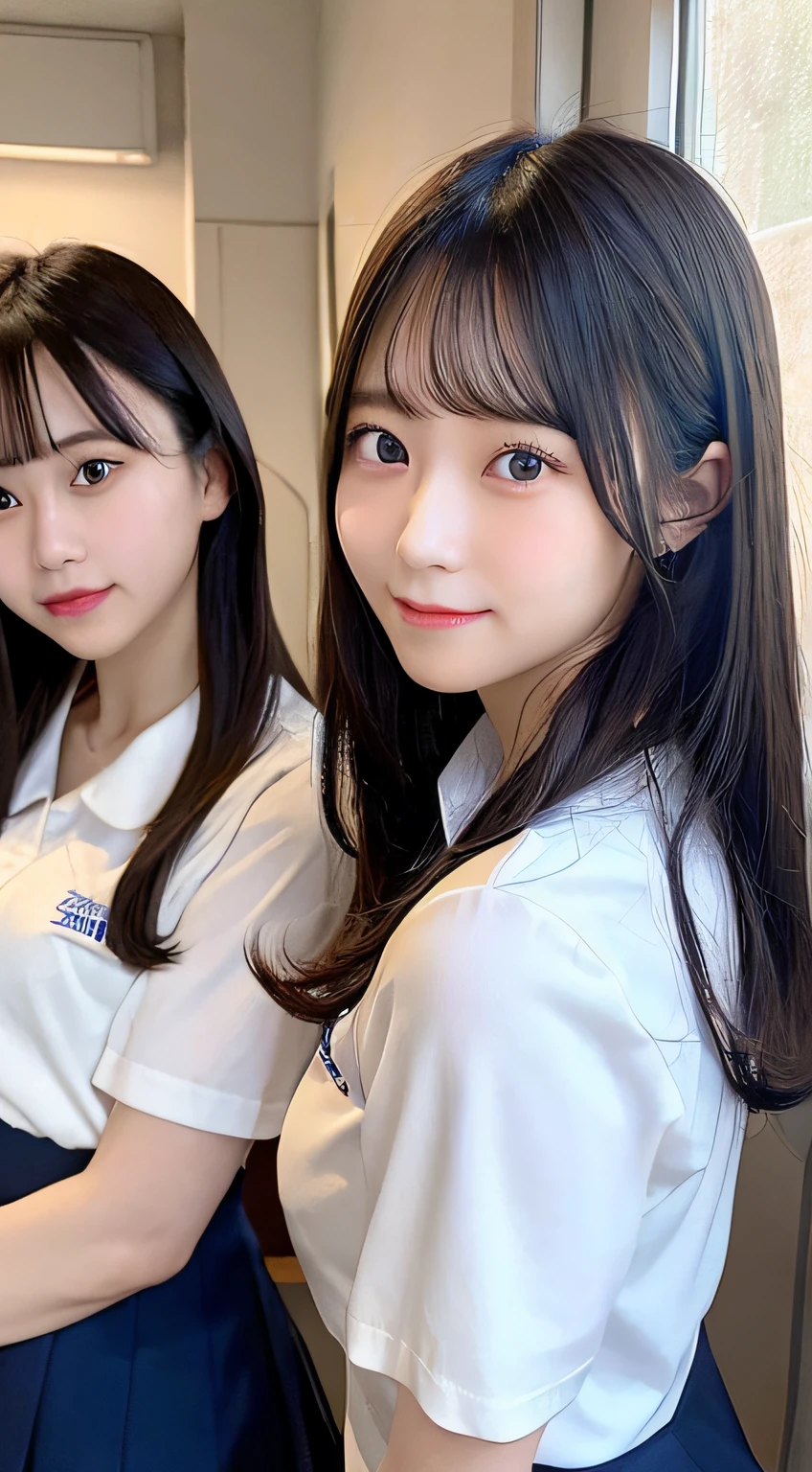 Female Trio,23years old, facing back、Looks Back、walk、high-school uniform:1.2,Dark blue skirt、White Short Sleeve Y-Shirt、inside in room、School Infirmary、shortsleeves、neck tie、A smile、laught,Random Poses