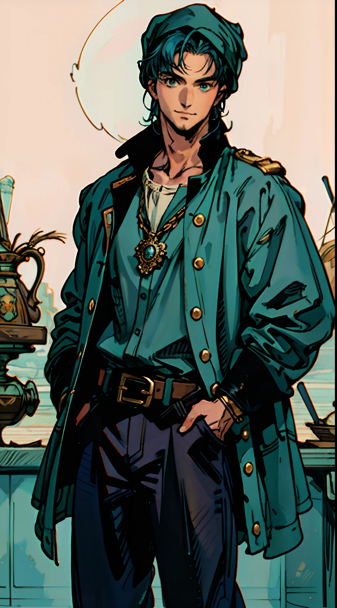 A man with short aqua-blue hair, wearing a headscarf, a fearless gaze, a playful smile, a confident demeanor, he has distinct facial features, he wears a two-piece fantasy pirate outfit, wears a black tight-fitting shirt underneath, a loose sky-blue coat over it, a ghostly face emblem belt, loose fabric pants, stands within a bustling fantasy medieval tavern, this character embodies a finely crafted fantasy-style pirate in anime style, characterized by an exquisite and mature manga illustration art style, high definition, best quality, highres, ultra-detailed, ultra-fine painting, extremely delicate, professional, anatomically correct, symmetrical face, extremely detailed eyes and face, high quality eyes, creativity, RAW photo, UHD, 8k, Natural light, cinematic lighting, masterpiece:1.5