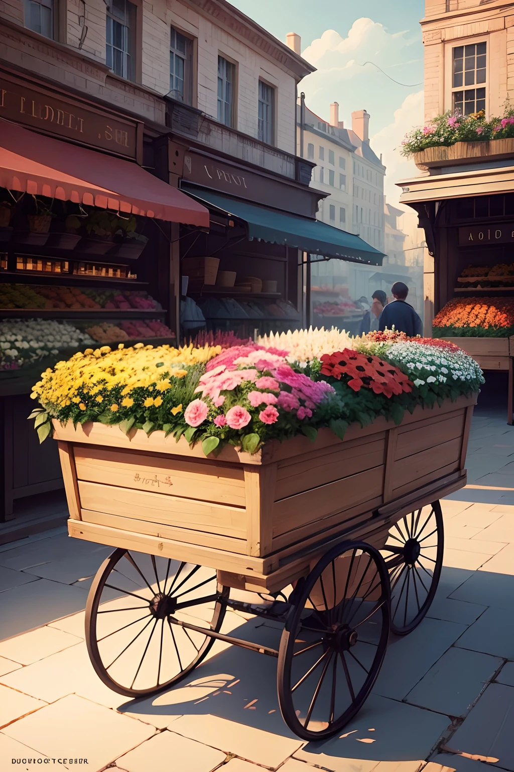 The flower market is full of flowers,The cart was full of flowers,Illustration style