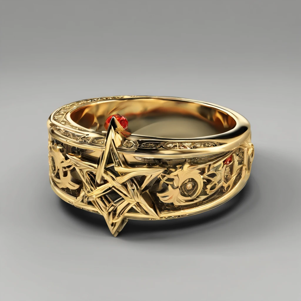Yellow gold ring,Pentagram pattern,Nebula jewelry,It shines with a noble golden light,The golden-red tone is filled with dark-style graphics,simple backgound, with black background,Simple details
