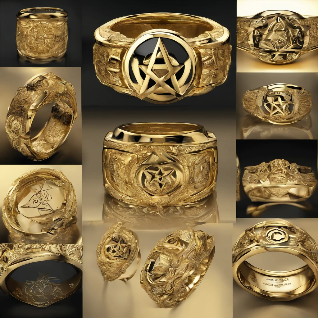 Yellow gold ring,Pentagram pattern,Nebula jewelry,It shines with a noble golden light,The golden-red tone is filled with dark-style graphics,simple backgound, with black background,Simple details