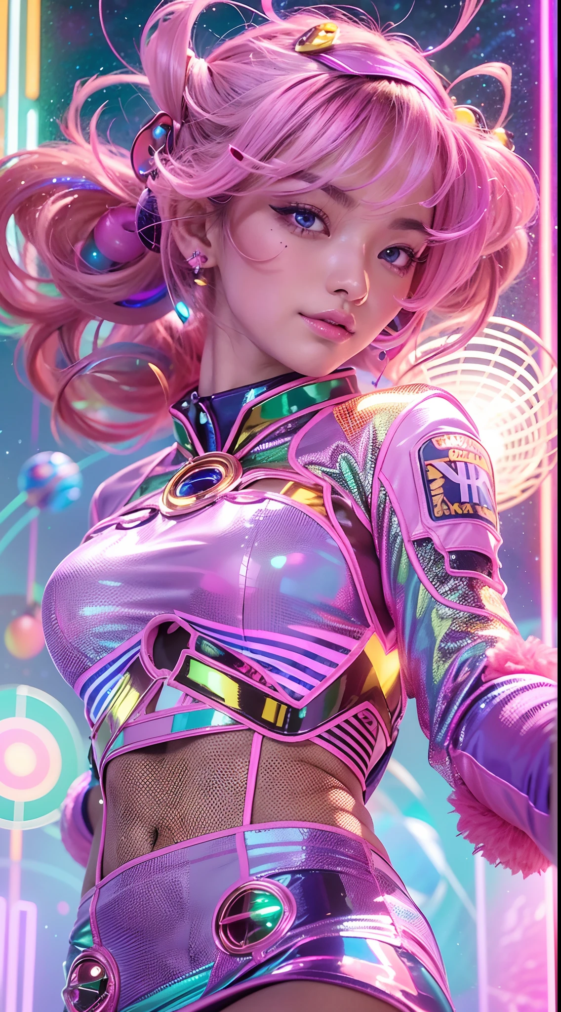 ((masutepiece)), Best Quality, absurderes, ultra-detailliert, 8K, Dynamic Pose, super complex details, Intricate details, Holographic, Cowboy Shot, Golden ratio, Super cute girl, Neon aura, delicate and beautiful face, Space Cheerleader, Mature girl, Super beautiful asian girl with super beautiful glowing eyes, Super beautiful shiny multicolored hair, Nice and sexy body, Slim body, Perfect body, Wearing super sexy space cheerleader costume, With neon pom-poms, At the center of the galaxy