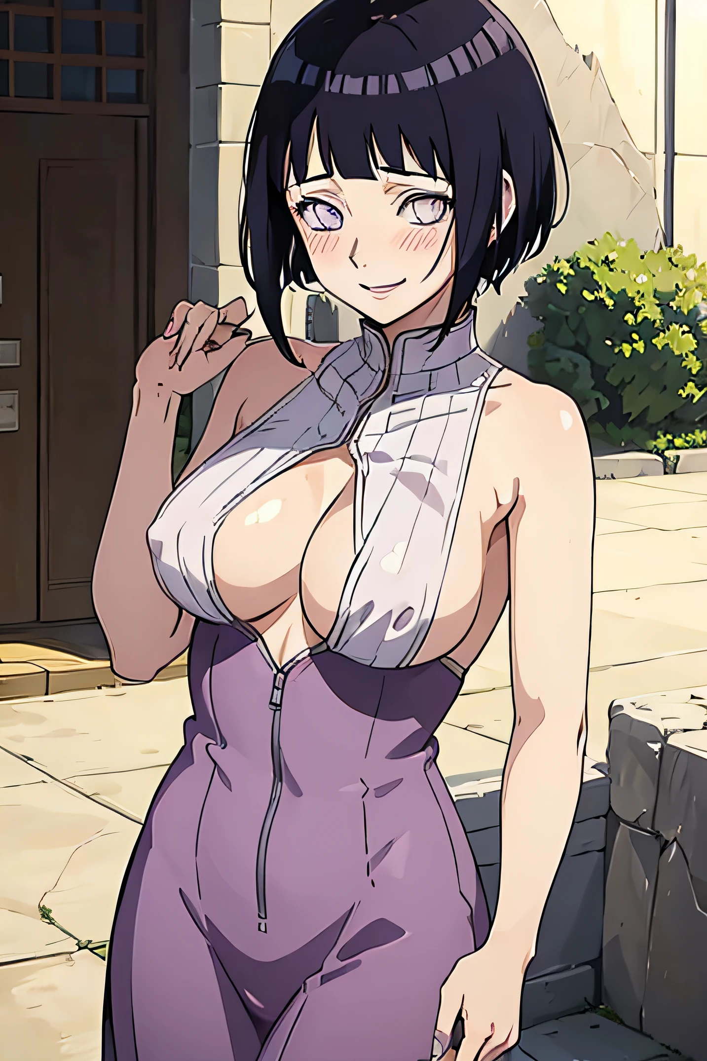 (((masterpiece))), HinataHyuga, blush, smile, 1girl, solo, short hair, looking at viewer, large breasts, black hair, purple eyes, looking, blunt bangs, white eyes, nude, hard nipples, horny