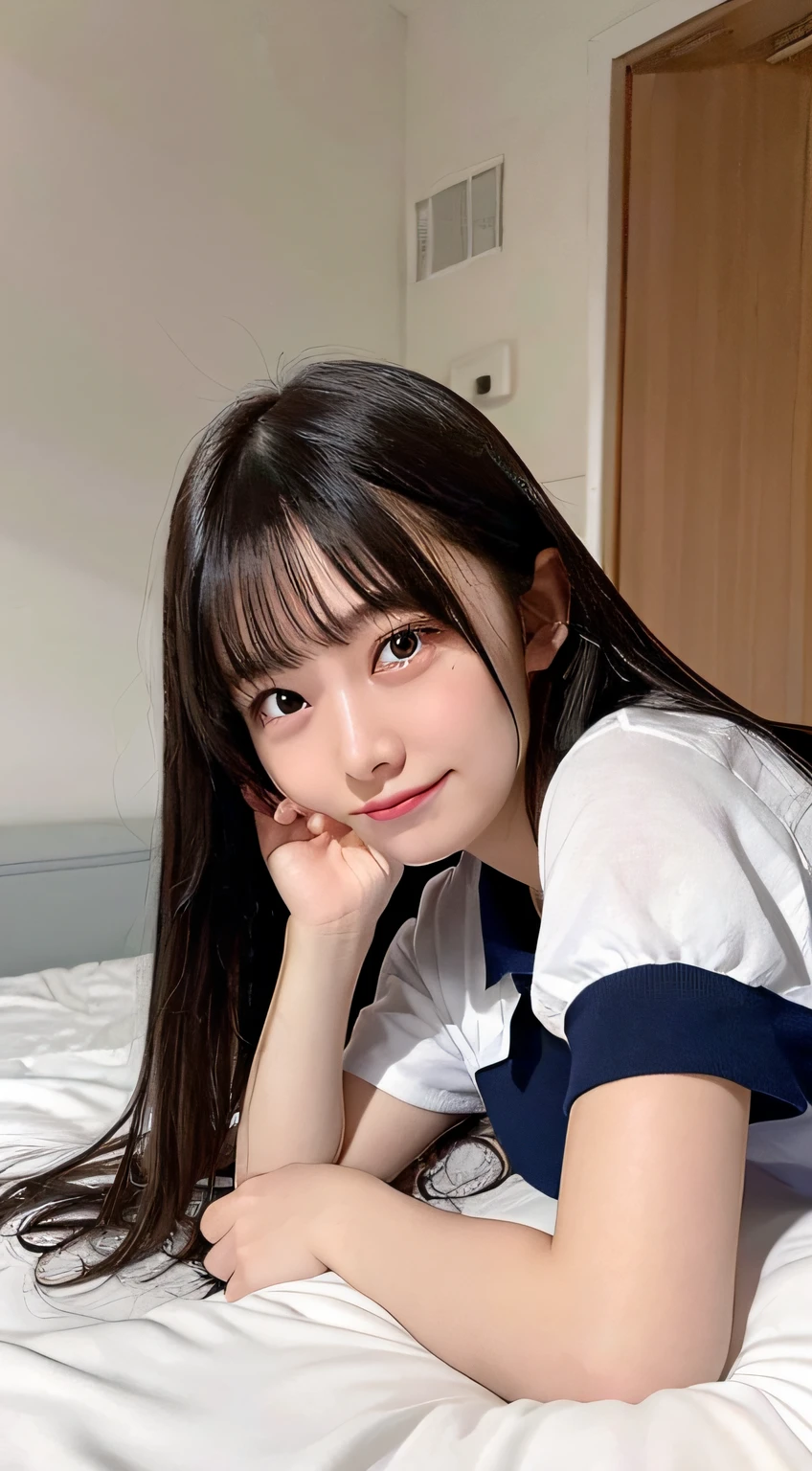 ,23years old, high-school uniform:1.2,Dark blue skirt、White Short Sleeve Y-Shirt、in bed、female dog、sleep、lying back on、laying on back、looking-down、Push down、Raw feet、shortsleeves、neck tie、A smile、Best Quality of Laughter, masutepiece, 超A high resolution, (Ecstasy:1.0), 1girl in, (sobbing:1.0), in bed, Dark hair, Dramatic Lighting, female dog, Normal-breasted, in bed, (high-school uniform:1.2), (Lying:1.5) ,(Face up:1.2),
