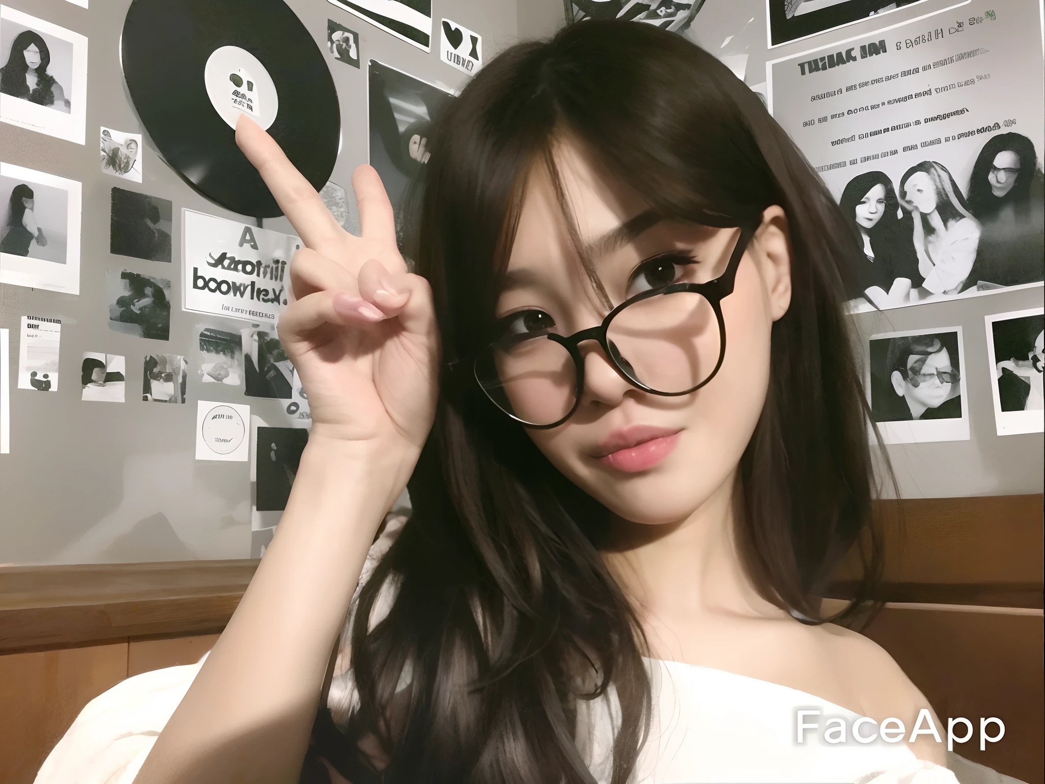 arafed woman with glasses and a record in front of a wall, ulzzang, wan adorable korean face, with glasses, tzuyu from twice, girl cute-fine-face, with accurate face, korean girl, jaeyeon nam, face picture, clear cute face, thick round spectacles, spectacled, face with artgram