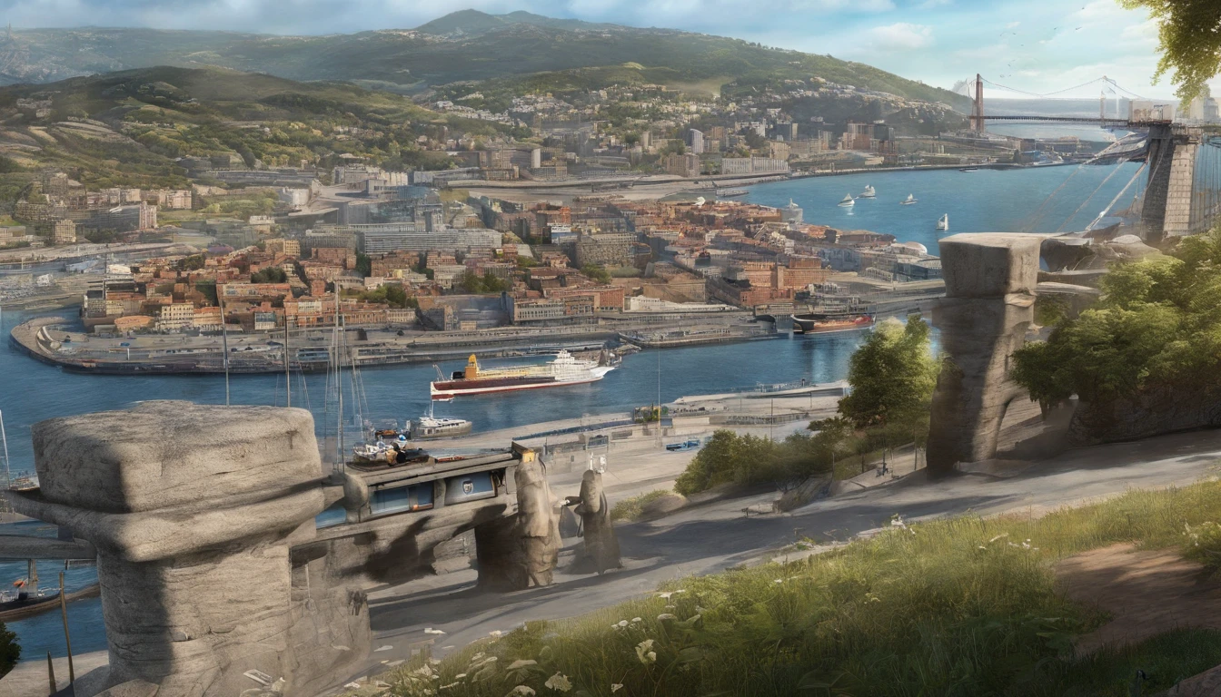 Small hill,Overlooking the harbor,The port from which the ship leaves,Suspension bridge in the distance