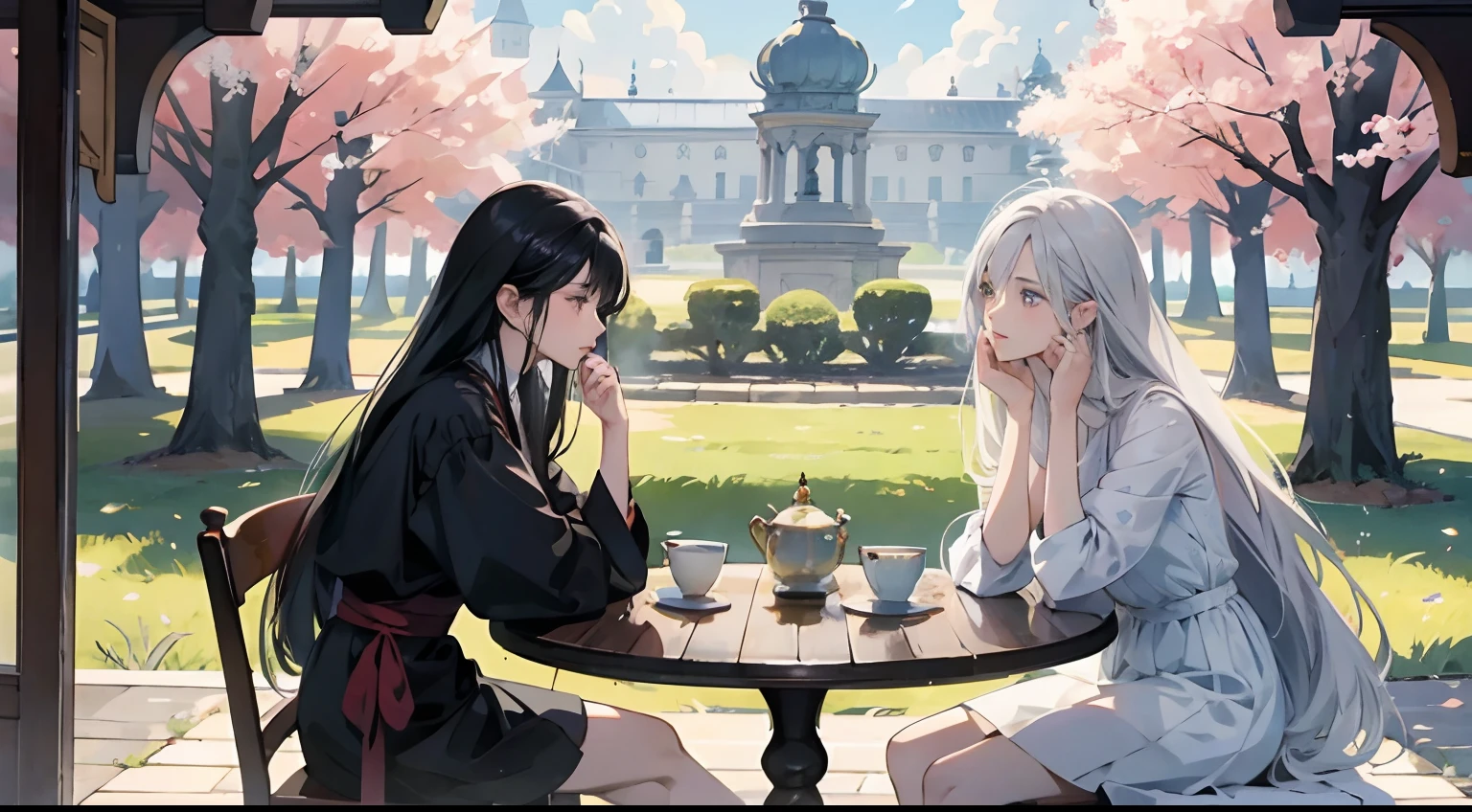 Two women sitting at a table in the grounds of the Royal Palace and having tea time、cherry trees、Discourse scene、Peaceful scene、Epic fantasy art、High-quality cinematic portrayal、comic strip、animesque、Novelization novel illustration、Delicately expresses smooth skin texture down to the smallest detail、The manifestation of smooth muscle texture、Vibrant depiction、Symmetrical drawings、Woman in black clothes with long black hair、Woman in white clothes with long hair on gray hair、