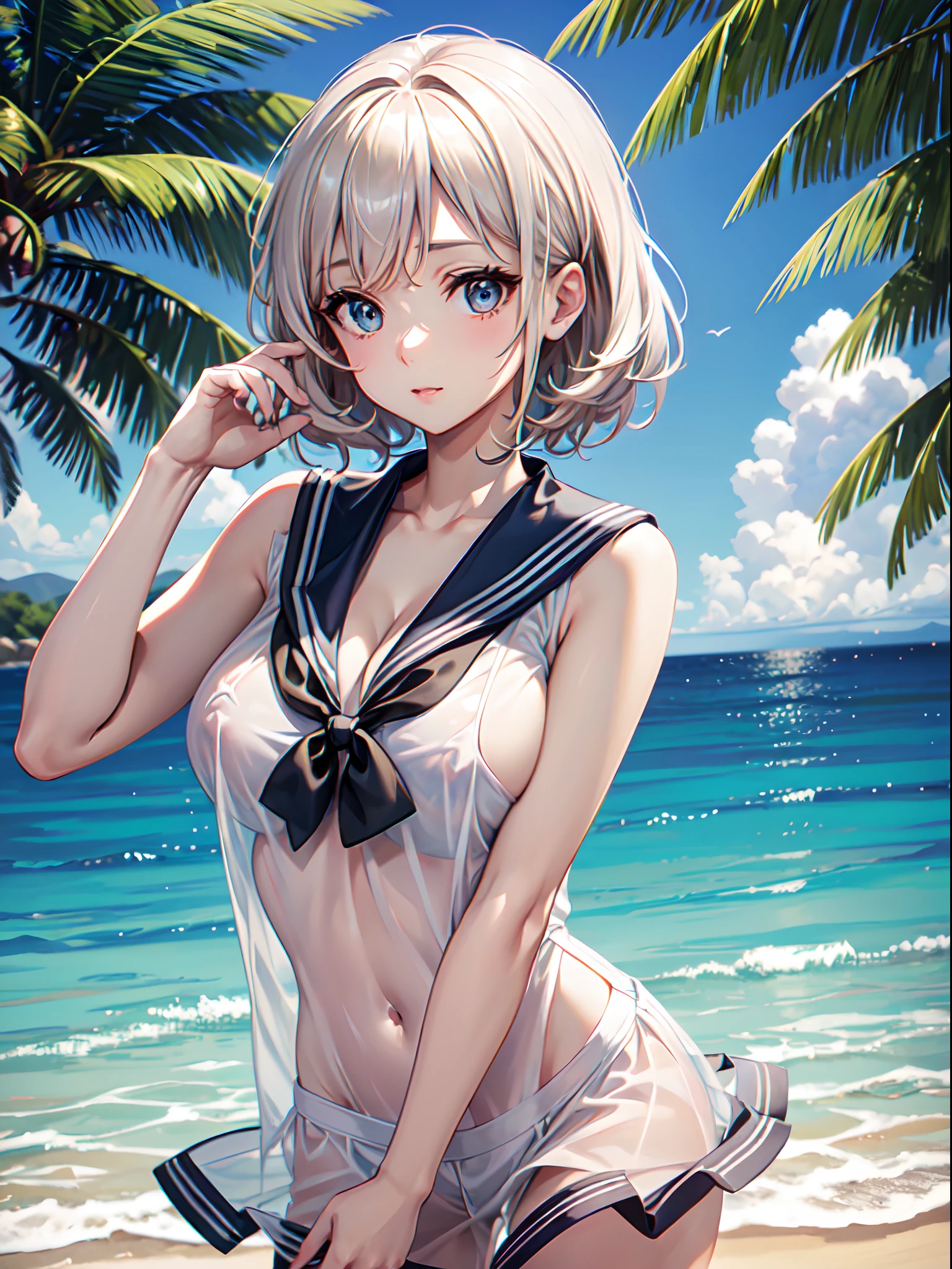 Close up of upper body, beautiful face, cute face, (((toppless))), (((sheer sailor shirt , Sleeveless ))), (((Show off cleavage))), (((Large breasts))), (((Open front))), Detailed beautiful eyes, (((Sunny))), extremely detailed CG unified 8k wallpaper, very fine 8KCG wallpaper, (masterpiece, Best Quality), High resolution, Ultra-detailed, ultra-sharp, 1 girl, ?????, perfecteyes eyes