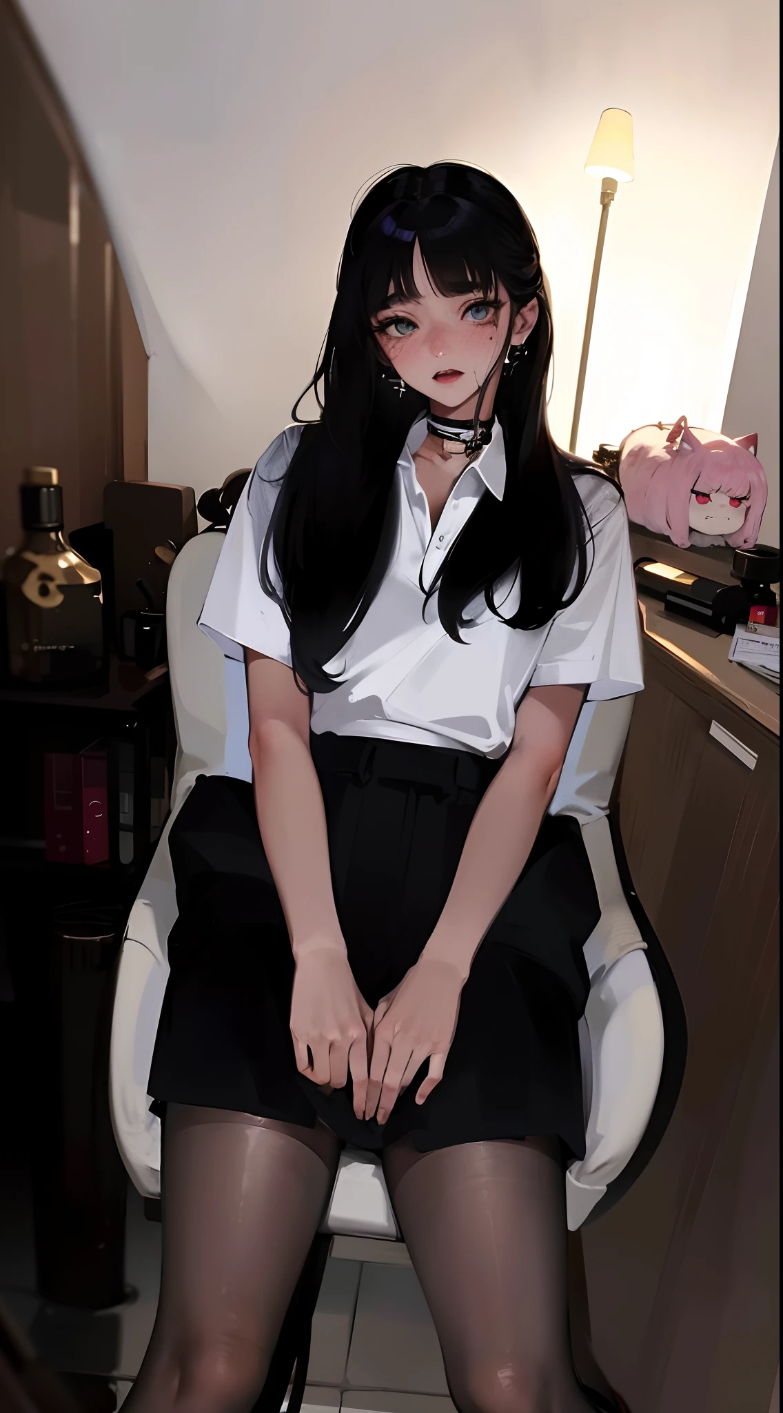hair bobbles, fake animal ears, ear blush, fang, silver hair, messy hair, mole under eye, cat ears, bright pupils, upper teeth, anaglyph, stereogram, tachi-e, pov, atmospheric perspective, depth of field, modern, modern, anime, cinematic lighting, Fujicolor, film grain, anime style, 8k, super detail, ccurate, best quality, 4K
