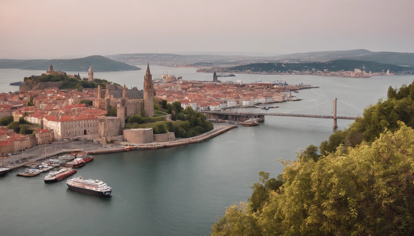 Small hill,Overlooking the harbor,The port from which the ship leaves,Suspension bridge in the distance