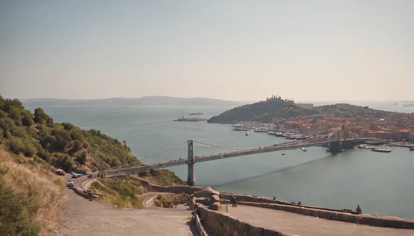 Small hill,Overlooking the harbor,The port from which the ship leaves,Suspension bridge in the distance