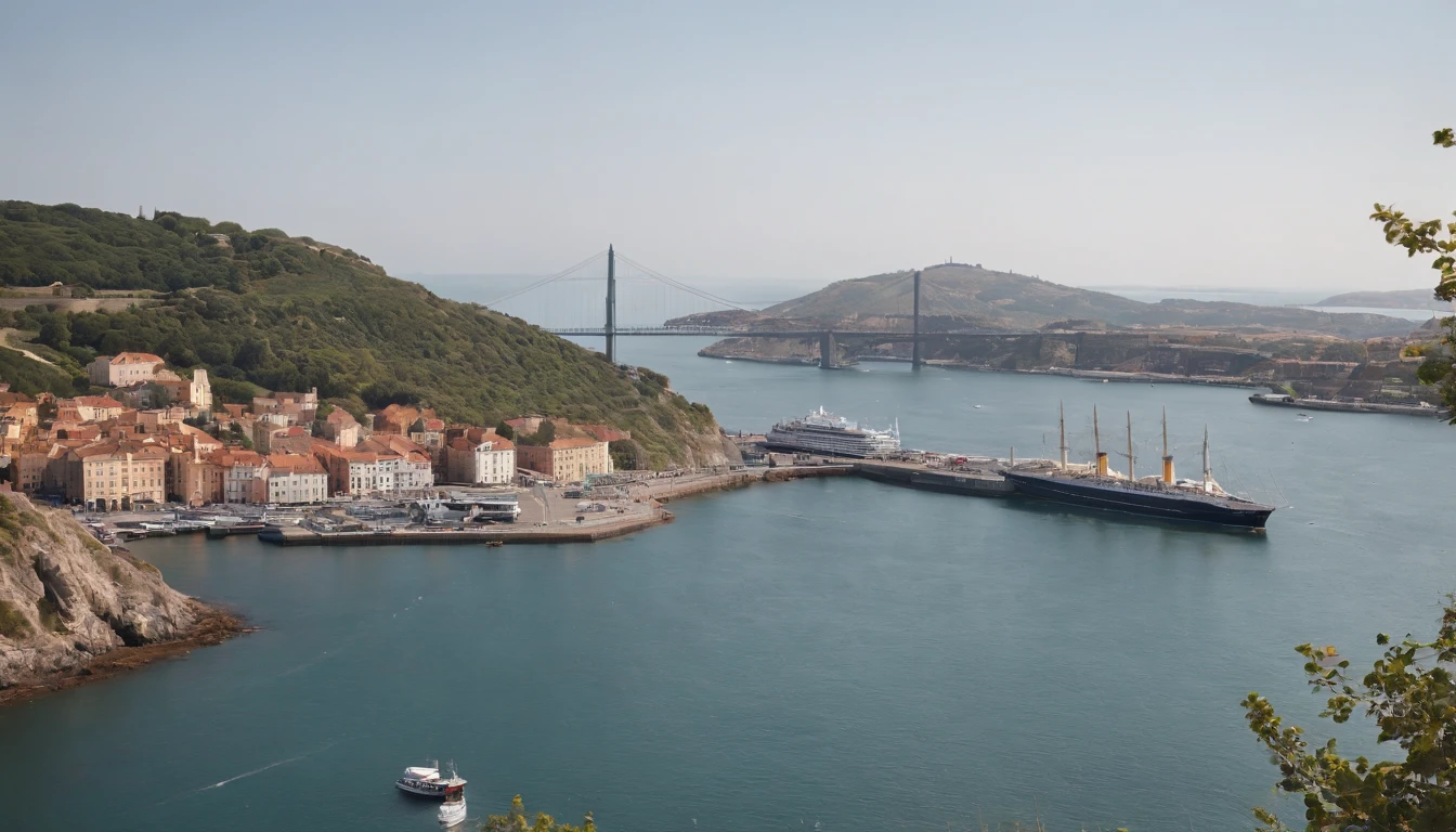 Small hill,Overlooking the harbor,The port from which the ship leaves,Suspension bridge in the distance