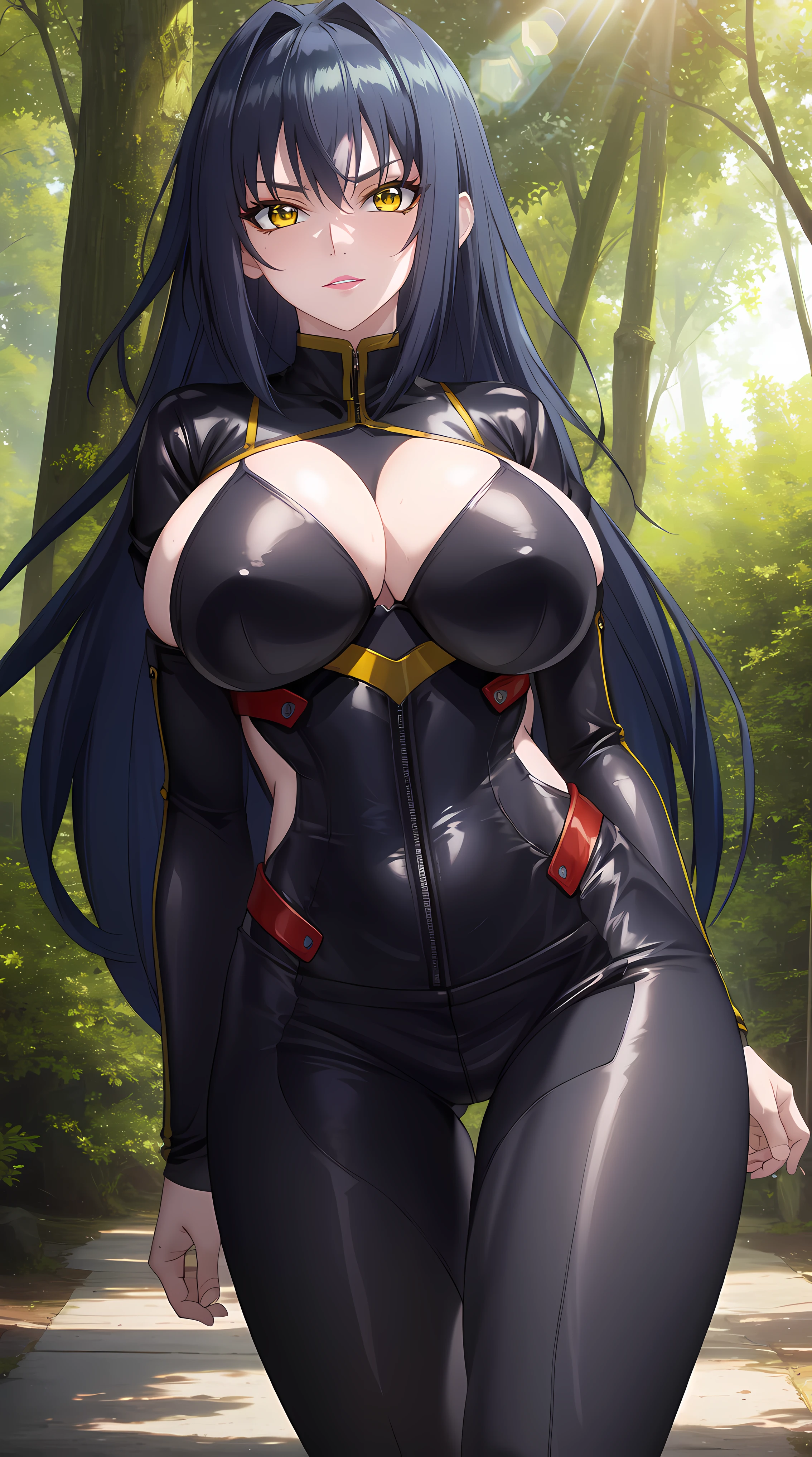walking in forest at day background, trees, forest,
cowboy shot, Annerose,
Annerose bodysuit,
black_hair,yellow_eyes, long_hair, hair intakes,
1 girl, 35yo,mature female,Beautiful Finger,Beautiful long legs,Beautiful body,Beautiful Nose,Beautiful character design, perfect eyes, perfect face,
looking at viewer, (big_yellow_eyes:1.0),(sad face:1.3),
NSFW,official art,extremely detailed CG 8k wallpaper, perfect lighting,Colorful, Bright_Front_face_Lighting,
(masterpiece:1.0),(best_quality:1.0), ultra high res,4K,ultra-detailed,
photography, 8K, HDR, highres, absurdres:1.2, Kodak portra 400, film grain, blurry background, bokeh:1.2, lens flare, (vibrant_color:1.2)
(Beautiful,large_Breasts:1.4), (beautiful_face:1.5),(narrow_waist),