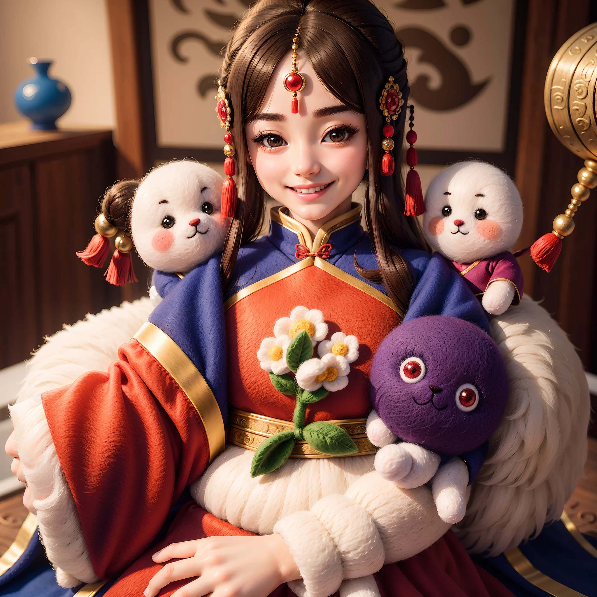 wool felt，felt，Plush ，adolable，Masterpiece, Best quality, Super detailed, illustration, 1 woman, 21 years old, Beautiful eyes, Close up, Smile, TRADITIONAL CHINESE COSTUMES,Wool felt dolls。