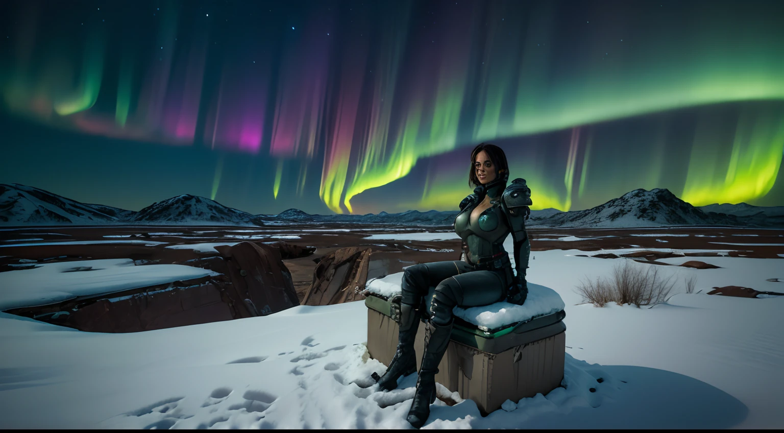 Create a scene depicting a desolate post-apocalyptic world, with impressive ruins, mutant plants and a horizon lit by an alien aurora, that captures the essence of Michael Whelan's iconic fantasy landscapes, female astronaut sitting on snow field ,giga_busty