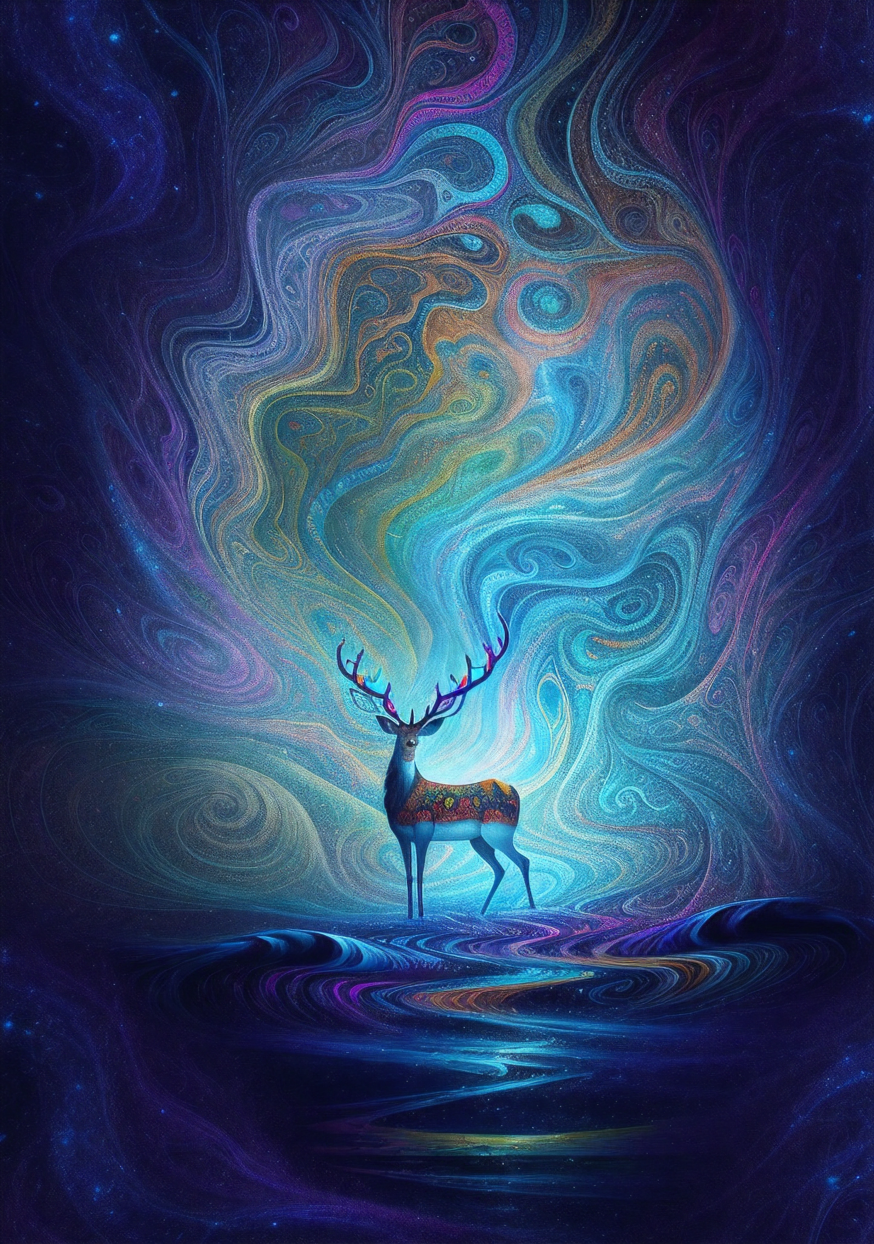 (Psychedelic painting of a deer standing in front of a colorful swirl), ((multiple antlers, stag, big head)), bright colors, thick lines, waves, multiple layers, foreground, perspective, fractal Thunder Dan Mumford , Dan Mumford and Alex Gray style, psychedelic surreal art, surreal psychedelic design, dream art style, illusion psychedelic art, infinite psychedelic waves, inspired by Cyril Rolando Rolando), realistic ripple structure, psychedelic art style, psychedelic art, psychedelic illustration -- V6
