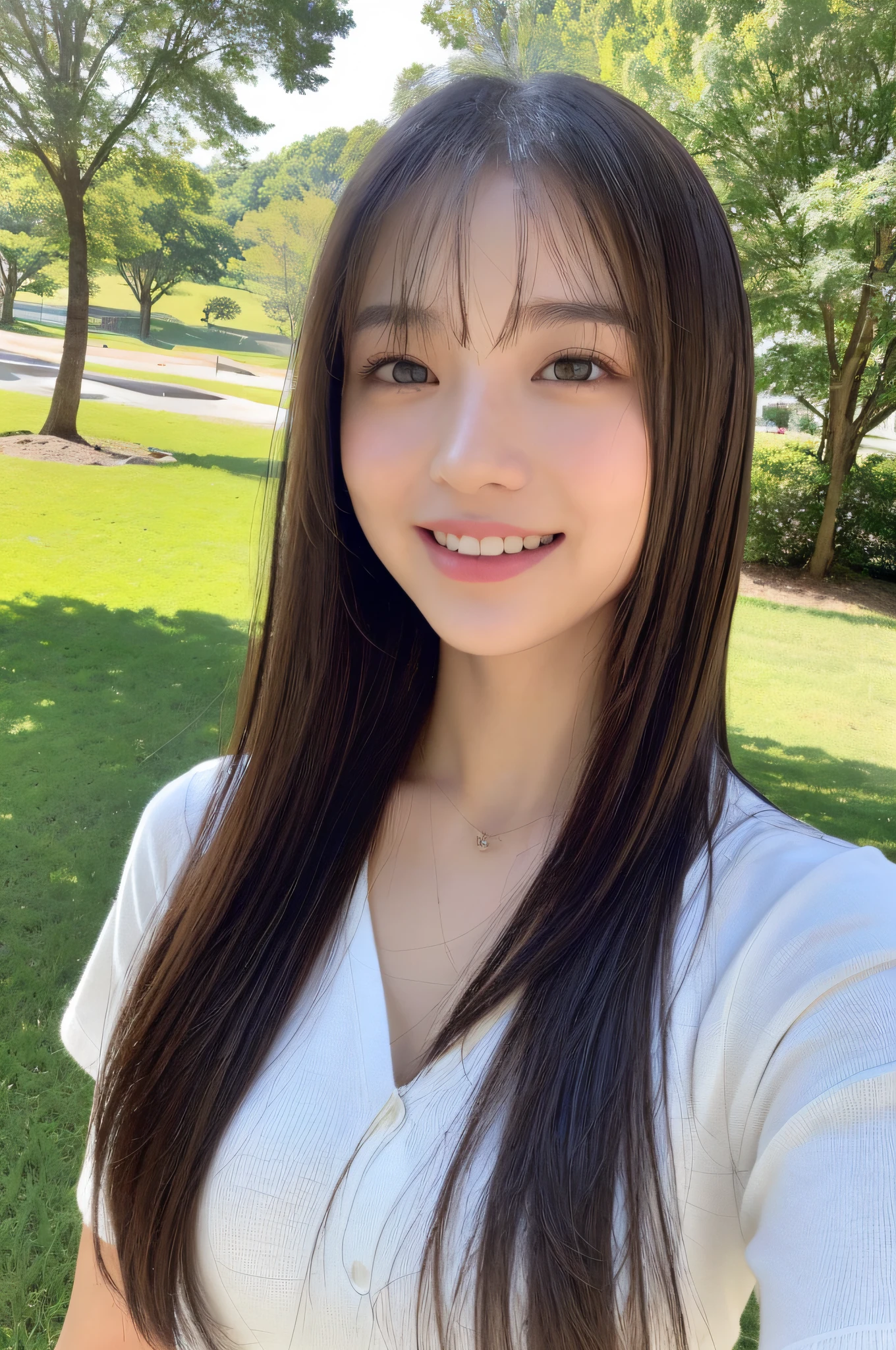 Tabletop, Highest quality, shape, Very detailed, finely, High resolution, 8k wallpaper, 完璧なダイナミックな構shape, Beautiful and exquisite, Nice spring clothes,Beautiful straight hair,Small breasts,Natural color lip, 20-year-old girl、cute、Always blur the background,Perfect and beautiful face,Beautiful and dense face、Slim face and figure,Big eyes、Putting on gal makeup,Actual Photos(Best image quality)、Sexy Face、Fashion model posing、Full Body Shot、smile、Change pose randomly、Randomly change the shooting angle and position、Summer Fashion、Photographing the sky