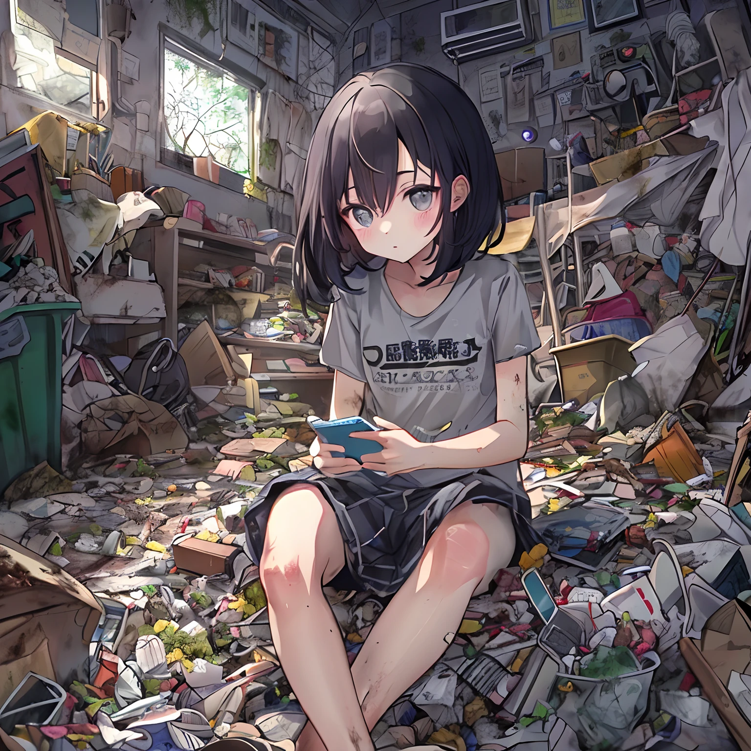 absurderes, hight resolution, (Anime style:1.1), ((masutepiece)), ((Best Quality)), (Ultra-detailed), (Beautiful), 独奏, Beautiful face、(liftup)、(Sitting on the garbage in an incredibly dirty room、Cute little girl operating smartphone:1.4)、The room is full of garbage、Garbage with rolled tissue、There are several cockroaches、,,A dark-haired、 Black eye,Ephemeral,,Looking at Viewer,Dramatic,、(full body Esbian)、14years、((Low position,From below:1.5))、Greasy hair、Unkempt hair、Detailed garbage pile on background、(I'm naked and wearing only a t-shirt:1.5)、darkened room、Scattering of food waste、(Waste from used condoms:1.4)