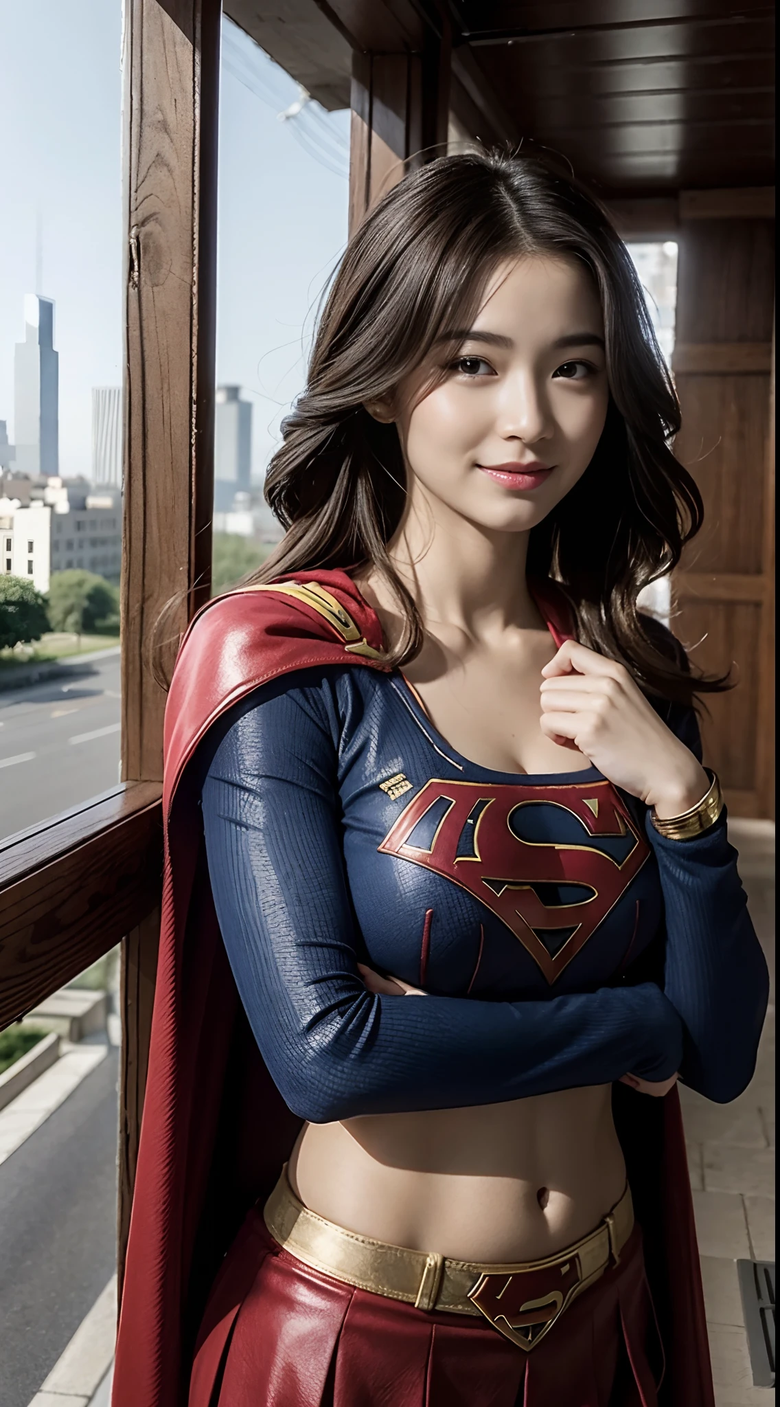 (Photorealistic:1.37), Highest Quality, masutepiece, 超A high resolution, (Healthy skin tone), BREAK, Solo, Cinematic, from back view, (She wears DC's Supergirl costume suit:1.2), S mark on chest, Red short skirt, Long Red Cloak, A fearless smile appears in her beautiful profile, Elegant, Light brown short hair, Beautiful body like a supple athlete, Very sparkly oily skin, Large breasts, Big hips, plein air, Skyscraper Area, BREAK, Highly detailed beautiful eyes and face, Detailed fabric texture, Insanely detailed realistic skin texture, (Correct body balance), Top-quality lighting that doesn't darken your face when backlit