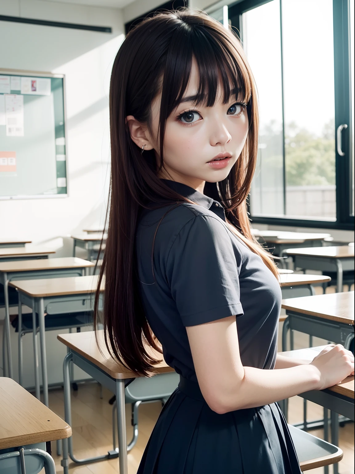 in 8K、top-quality、​masterpiece、ultra-detailliert、Ultra-high resolution、Anime style、1 girl、‎Classroom、angry