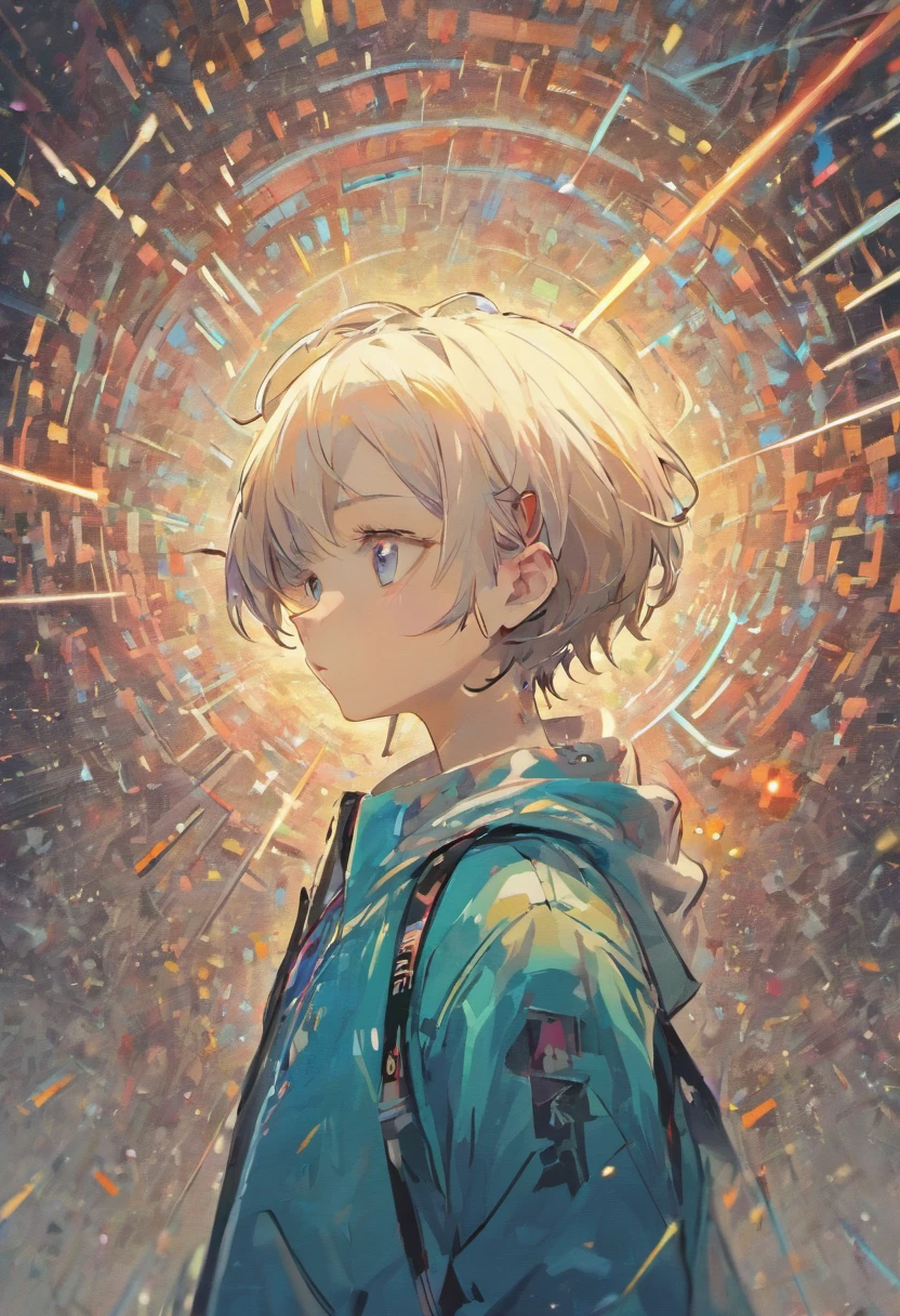 Perfect centering, young boy with short white hair with music note-shaped hairpins, blue eyes likes Gojo Satoru, Wear a student team jacket, Wearing headphones, cheerfulness, Standing position, Abstract beauty, Centered, Looking at the camera, Facing the camera, Approaching perfection, Dynamic, Highly detailed, Smooth, Sharp Focus, 8K, high resolution, Illustration, art by carne griffiths and wadim kashin, White background.