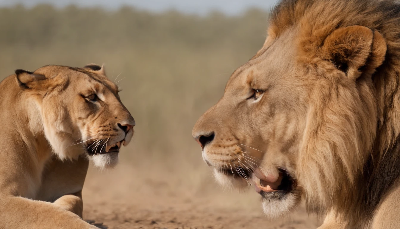 (La mejor calidad,4k,8k,Altas Resoluciones,obra maestra:1.2), ultra detallado, (realista,fotorrealista,fotorrealista:1.37), A majestic lion and a ferocious tiger face off in a showdown, Ojos detallados de ambos animales, mirada intensa, Cuerpos fuertes y musculosos, Pelaje brillante, Expresiones feroces, Postura poderosa, An epic battle between the king of the jungle and a ferocious predator, colores vibrantes, Dramatic lighting, Los leones y tigres representan la fuerza y el poder en la naturaleza, Una escena sobrecogedora, Tension and anticipation in the air, Un gran enfrentamiento entre dos majestuosas criaturas.