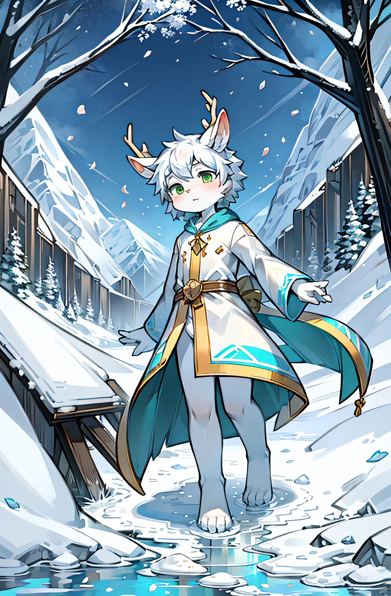 A white deer，deer antlers，rios，mountain ranges，long white robe，Green eyes，blue-sky，White petals，Melting of ice and snow，Melting of ice and snow，Shota，adolable，White pear blossom tree，Shota，adolable，Green clothing，White ears，Fluffy ears，Petals fall all over the ground，The petals float in the air，flowing river，Peach tree，looking toward the viewer