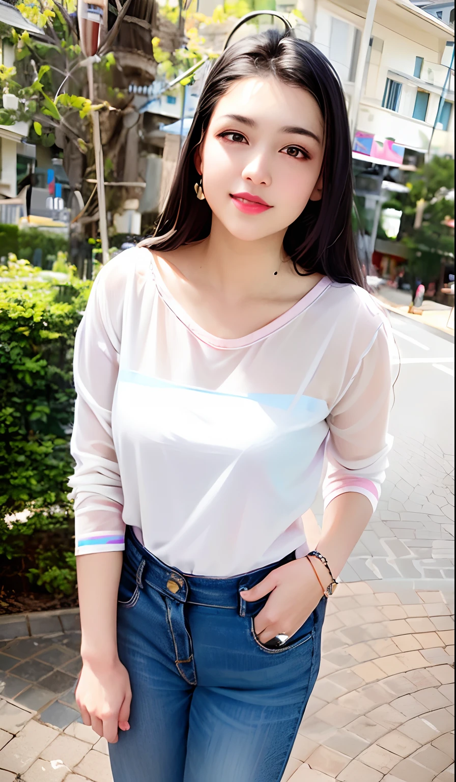 Sunburn marks on tanned skin、blush、Blonde bun hair,A cute 17-year-old girl with a cute look, A strong wind blows my hair in front of my face、Beautiful big sparkling eyes, Cute eyes hidden by long bangs、Yawn、No visible nasolabial folds、A short, light-colored miniskirt、A summer shirt with cute colorful patterns、Korean Beauty、Cheeks