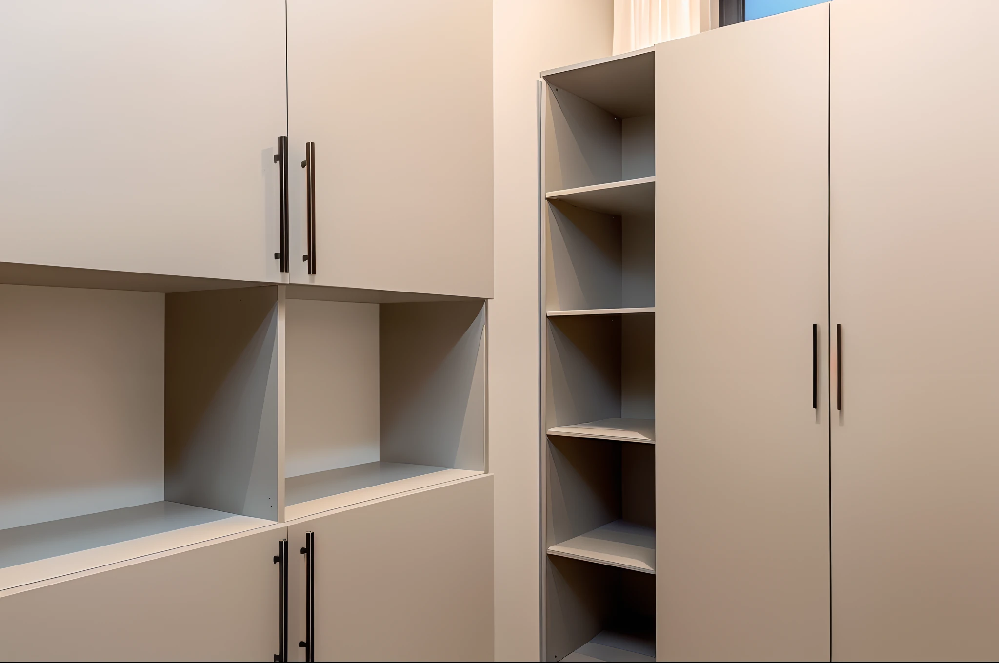 there is a closet with a shelf and a door in the corner, cupboards, cabinets, elegant wardrobe, exiting from a wardrobe, neat and tidy, beige and dark atmosphere, shelves, modern details, sand - colored walls, clean and organized, cabinet furniture, two wooden wardrobes, cream - colored room, wooden cabinet, elegant futuristic wardrobe