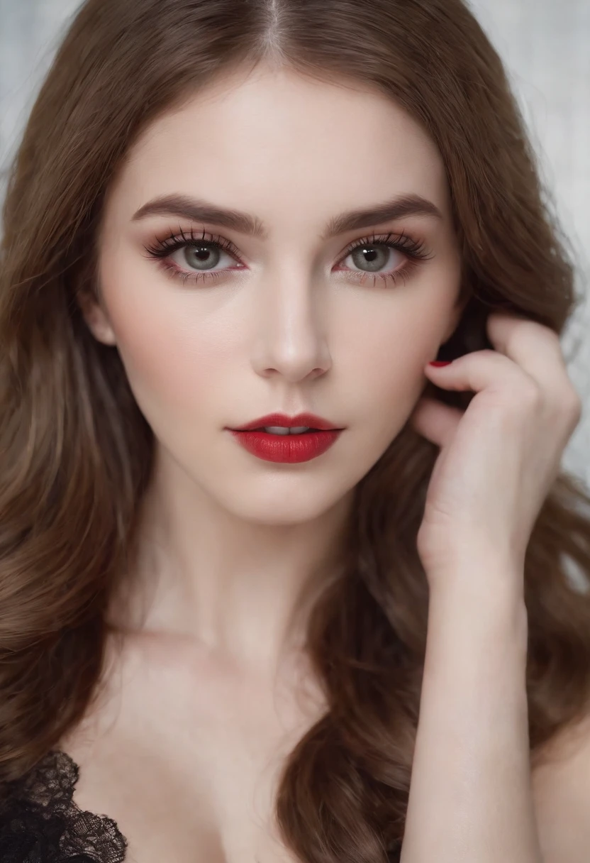 (Bokek effect), RAW, full body caption, Lena Paul posed for a photograph showing her long legs and feet, the body is pretty, (very huge siliconed boobs, barefooted and wearing comfy black lingerie), (((dark makeup, red nails and pale skin))), (eyeliner, soft blush and shadows), illuminated place, sharp light come from a right light ahead hear and behind a white white wall, (professional photography), (best quality:1.5), (shredded and cropped light brown hair), (delicate cheek, matte eyeliner, textured skin, [hyper realistic], full body close, 300mm, soft focus , film grain:1.2