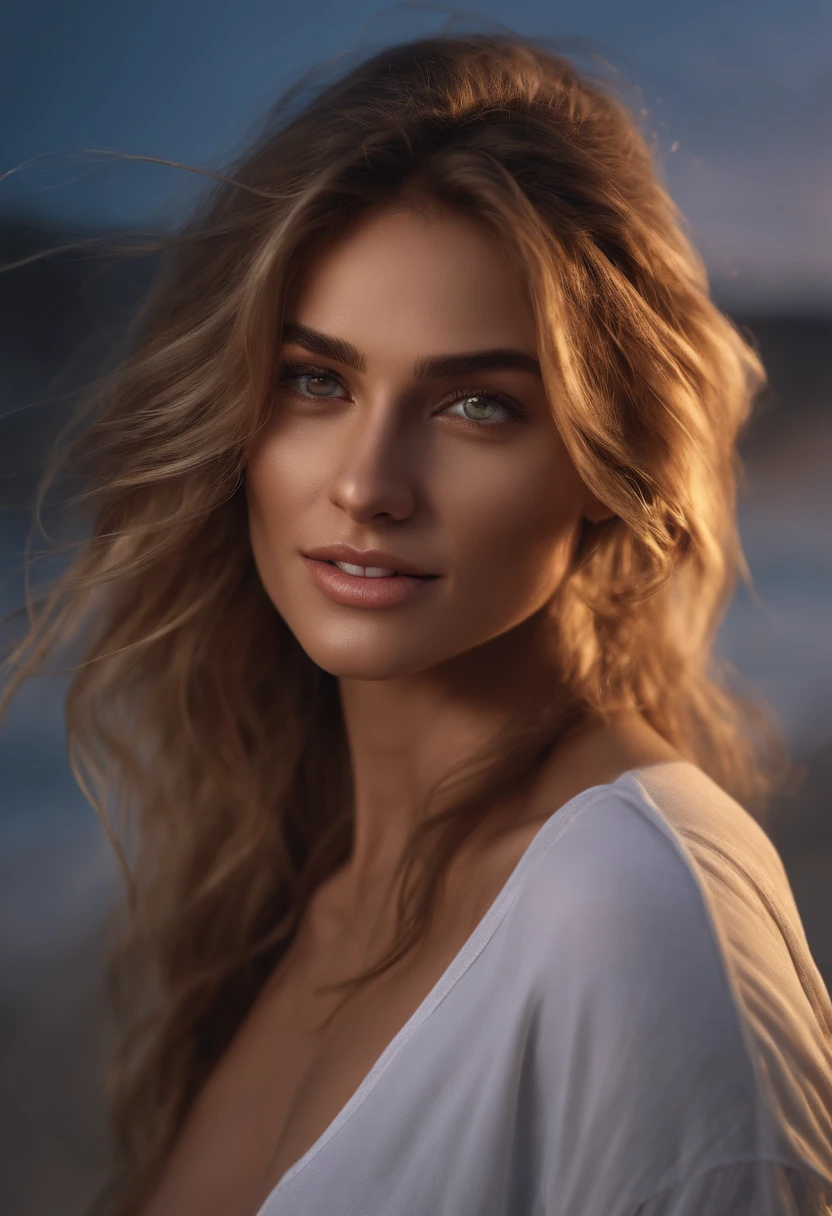 Cinematic soft lighting illuminates a stunningly detailed and ultra-realistic beautiful Greek supermodel, beach look, long messy windy dark blonde hair, clear green eyes, captivating perfect smile, sensual, hot woman, gorgeous, that is trending on ArtStation. Octane is the perfect tool to capture the softest details of this 16k photography masterpiece.