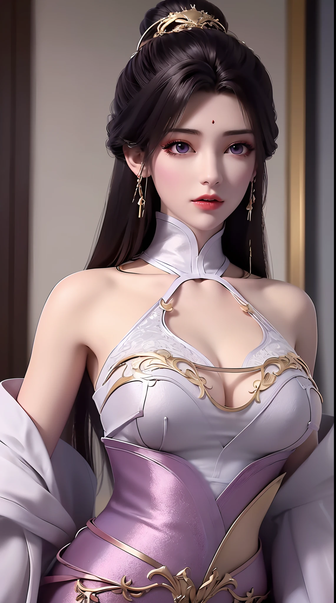 1 sexy beautiful girl wearing a sexy white lace off-the-shoulder red season long dress, thin dress with many eye-catching patterns decorated with 24k gold, ((sexy slim skirt: 0.8)), golden iridescent aura, bust out, show off her round bust, deep slit shirt, long black purple hair, the most beautiful and detailed hair jewelry, beautiful little face thin eyebrows, the most beautiful and spotless face, ((Yellow iris:0.8)), the very beautiful eyes, big round eyes, purple eyes, fine and detailed makeup eyelashes, high nose, wearing earrings, small red lips, rosy face, clean face, beautiful face without blemish, smooth white skin, ((big breasts: 0.9)), Blums boobs, ((big and super round breasts:0.9)), ((super tight breasts:1.2)), ((breast augmentation: 0.8)), beautiful breasts, fit body, ((thin waist: 0.9)), upper body of a beautiful girl, Hot and sexy petite body, sexy girl, hands hanging down, 8k photo, super high quality, super realistic, 10x super pixels, photo realistic, dark studio, border light, two tone light, (detailed skin high: 1.2), 8k uhd, dslr, soft light, high quality, volumetric light, candid, Photo, high resolution, light, best photo, 4k quality, 8k, Bokeh, Smooth and sharp, pixel up 10 times, ((thunder effect: 2.0)), (galaxy: 1.7), aurora, lightning, super graphics, the most realistic graphics,(Aurora Background: 1.8), alone, solo, portrait 9:16,