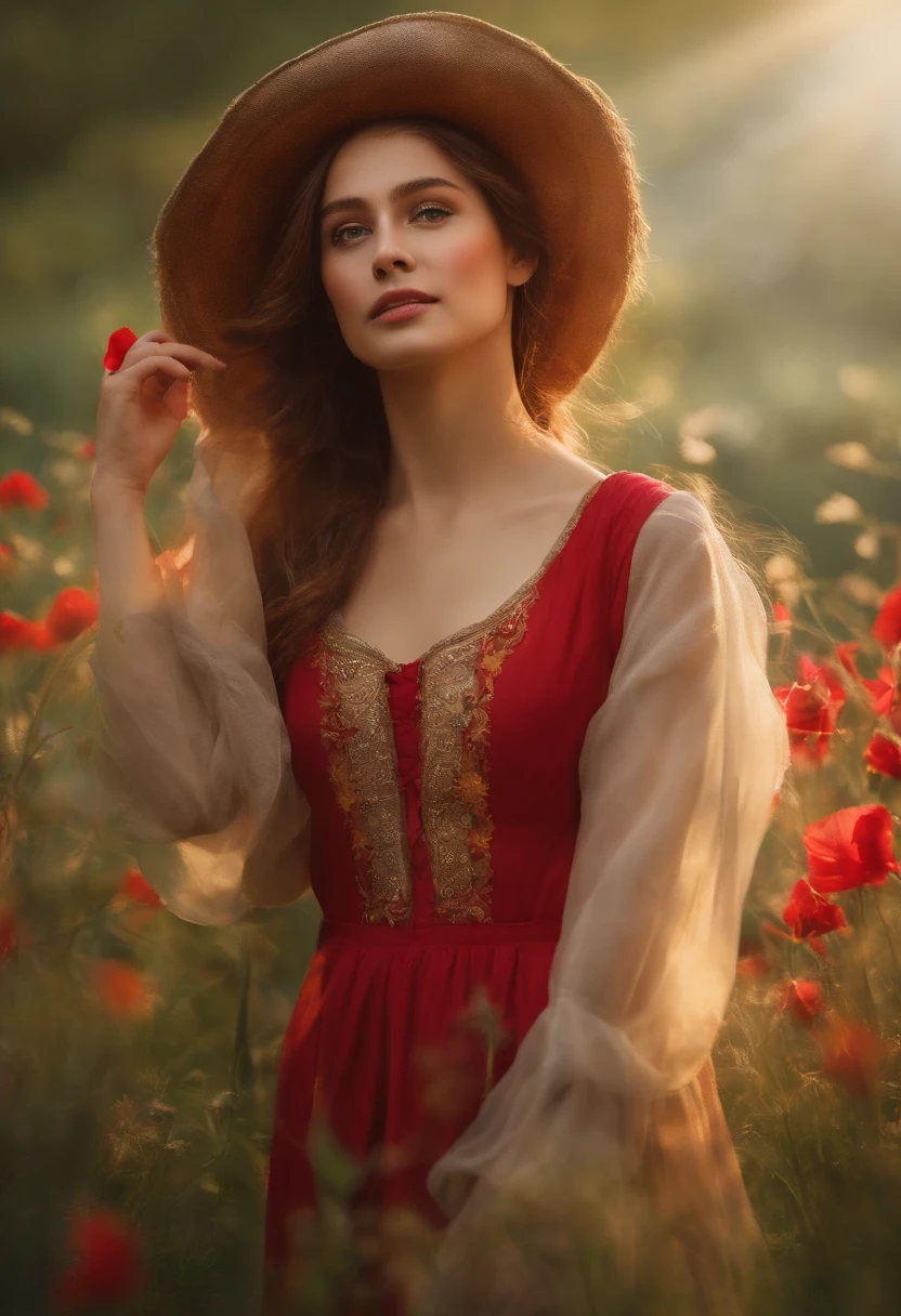 a girl in a red flowing dress, standing on a grassy hill, with a gentle breeze blowing through her hair. She is surrounded by a colorful field of blooming flowers. The girl's eyes are bright and filled with wonder, while her lips are delicately curved into a soft smile. The sunlight filters through the clouds, casting a warm golden glow on the scene. The overall image quality is of the best quality, with ultra-detailed and realistic elements. The art style is reminiscent of a beautiful oil painting, with vibrant colors and soft brushstrokes. The color palette is dominated by warm tones, with a mix of rich reds, vibrant yellows, and lush greens. The lighting is warm and inviting, highlighting the girl's features and creating a sense of tranquility and serenity.