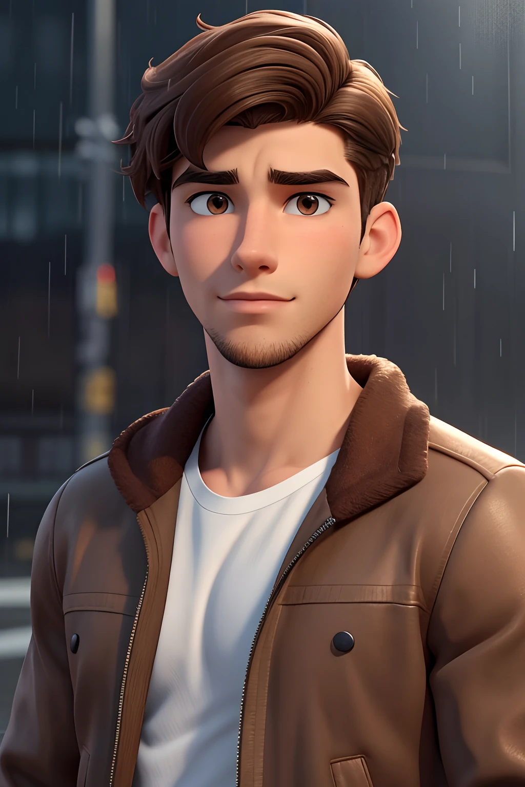 Ethan Williams, a young man of 19 years old, with medium-length brown hair, brown eyes, angular jaw, short stubble beard, lean body, cute and handsome, mature look, serious subtle smirk on face, wearing a jacket, close up shot in the rain. 3d cartoon