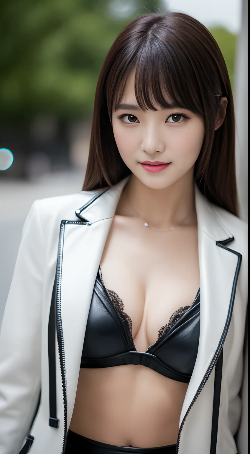(top-quality、超A high resolution、masterpiece:1.3),excellent details,超A high resolution,Swat,Police of the future,Model Figure,fully body photo,full body Esbian,dynamicposes,long-sleeve, Leather pants, Highly detailed cyberpunk style, longeyelashes, Medium hair with bangs, longeyelashes, Parted lips, Detailed abs, Detailed muscle lines, surrealism, drop shadow, anaglyph, Verism, depth of fields, Backlighting, Expose F/1.2, Super Detail, ccurate, Best Quality, Stand and look down, Black bondage, Leather suit, masutepiece, Detailed moisturized eyes, Textured skin, Best Quality, 8K, blurry backround, (skinny thigh:1.1, long legged), (Colossal tits), Natural Color Lip, ssmile, Young woman in perfect style
