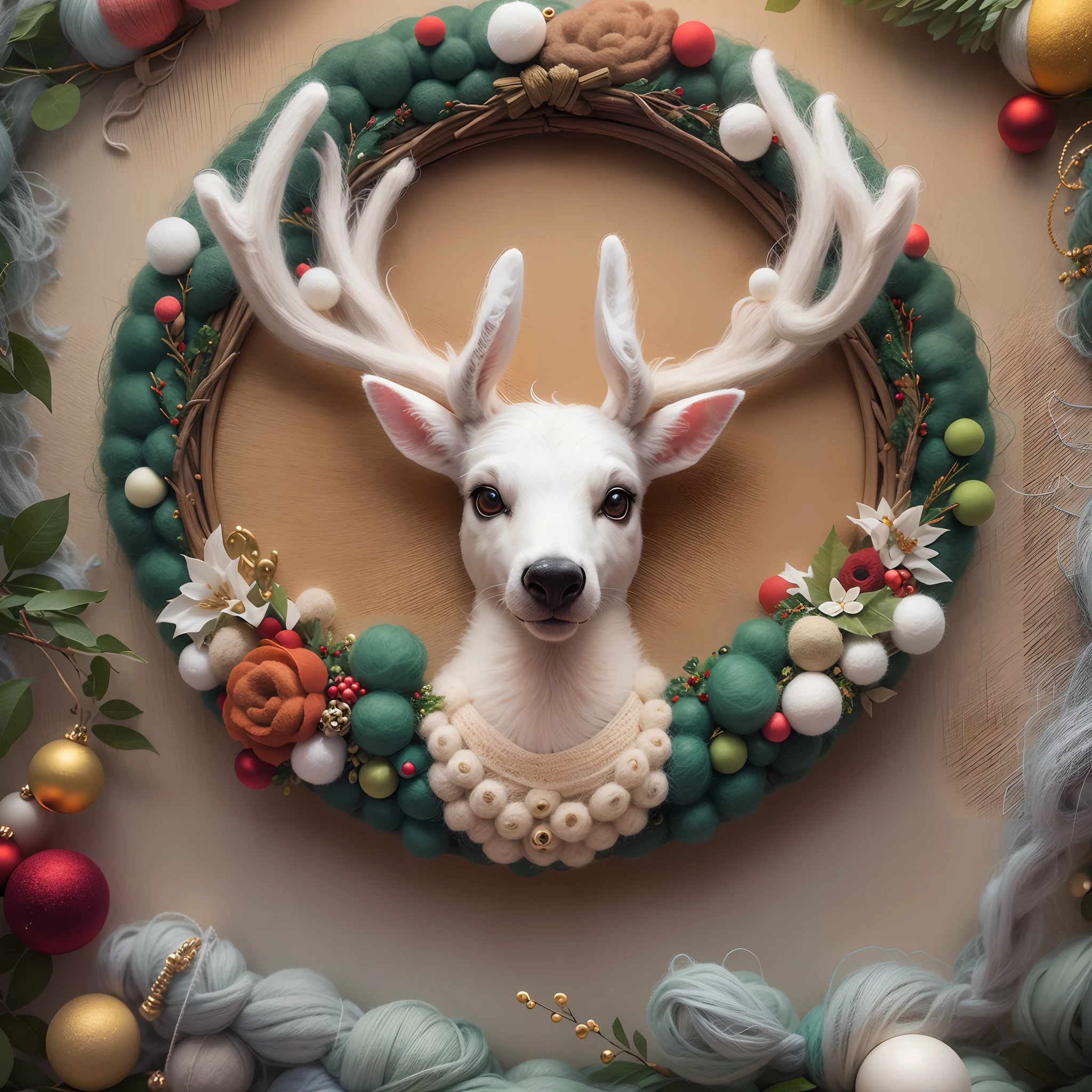 (((wool felt))),Huge Christmas wreath,The wreath has a deer head and ornaments, The deer head is centered,inspired by Rudolph F. Ingerle, wool felting art, Fully decorated, hight decorated, Handmade, needle felting art, Feeling stressed、Made of cloth and beads, 8K)), acupuncture, made of wool, Cute felt fabric,3D立体,C4D,rich details,Cashmere details,cloths,Best quality,3D felt,Fine details,Wool texture,rich in texture,Realistic,Creative,meticulous craftsmanship,Pastel color scheme